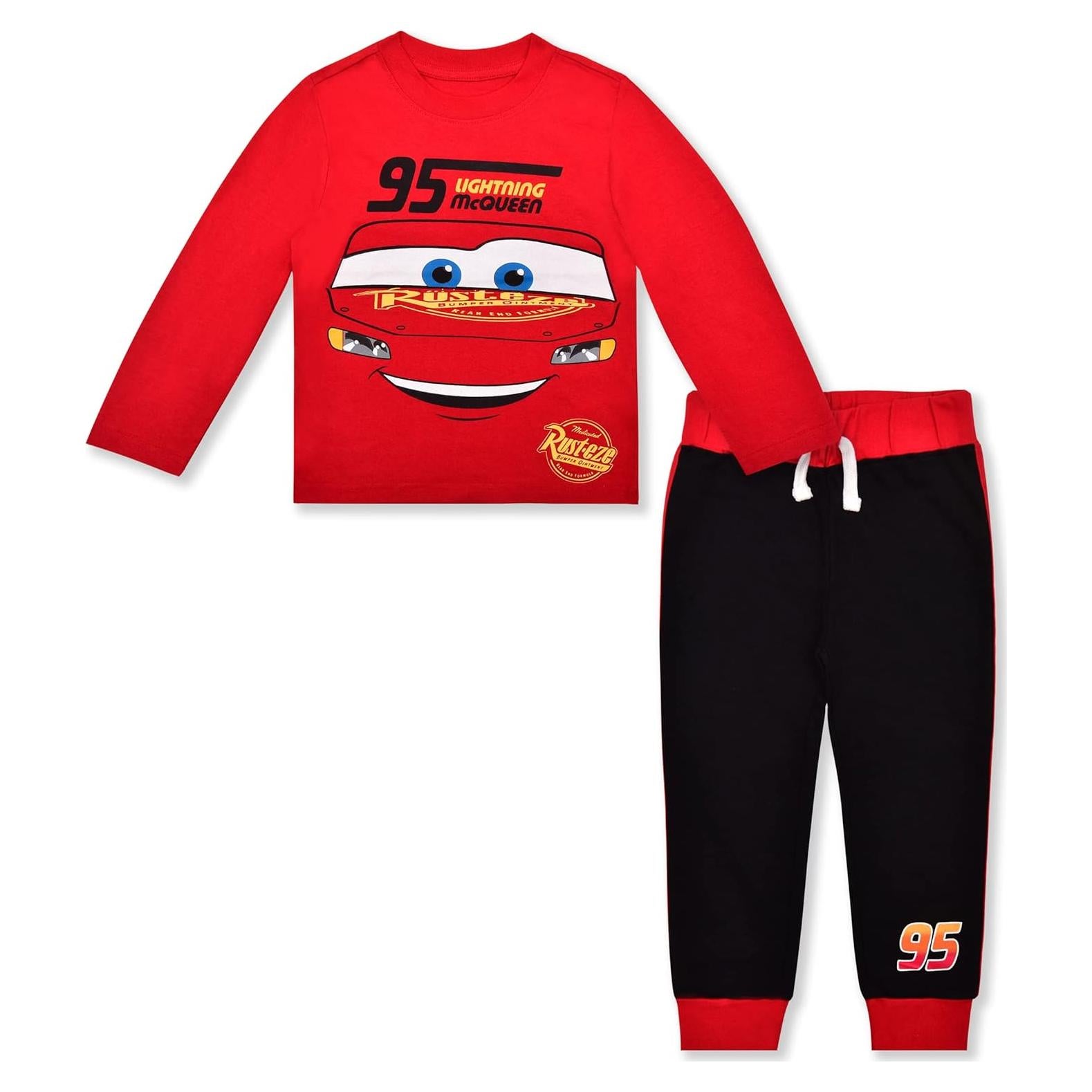 Disney Cars Boys’ Long Sleeve Shirt Costume and Jogger Set for Toddler and Little Kids – Red/Black