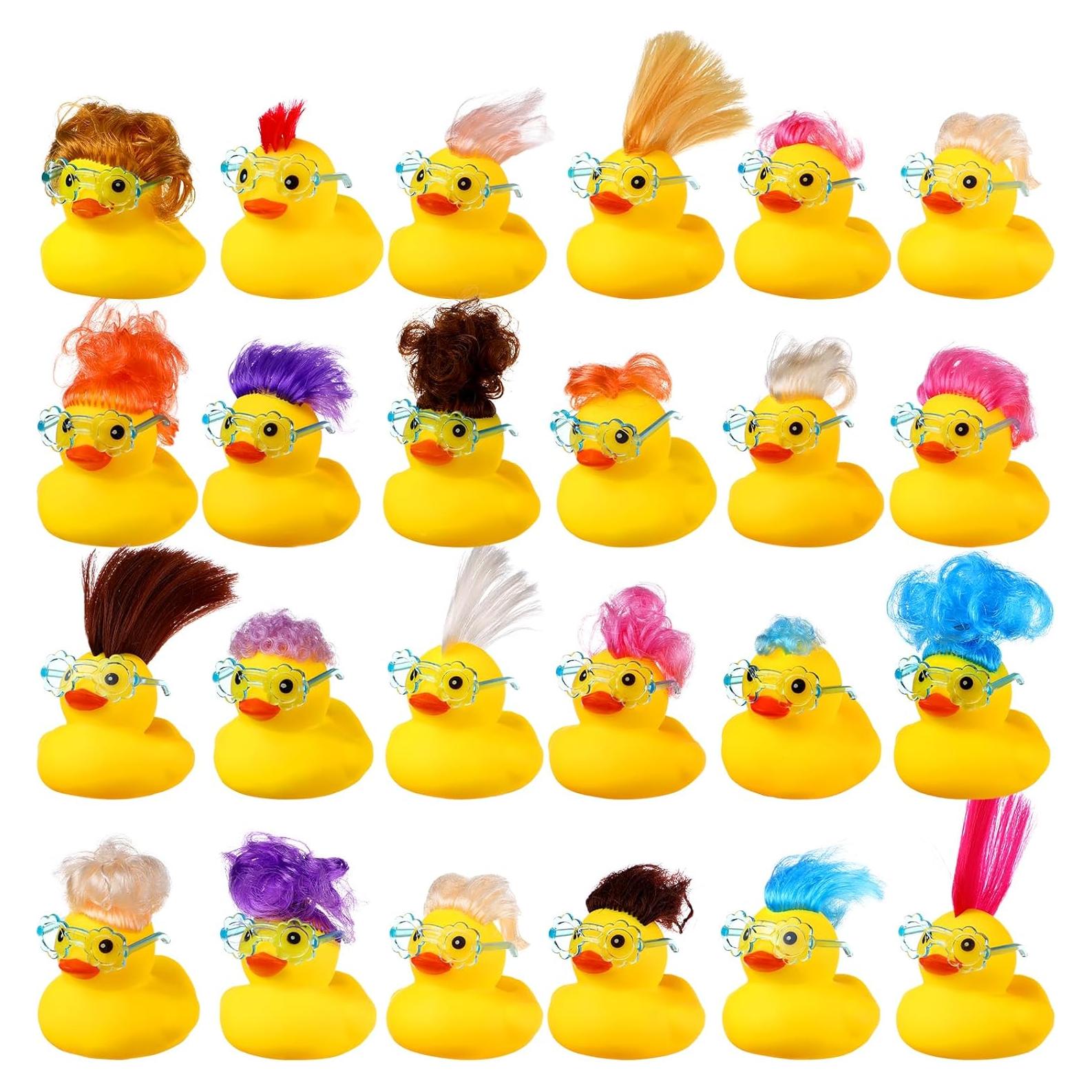 24 Patos de Goma para Baño con Gafas de Sol y Peluca