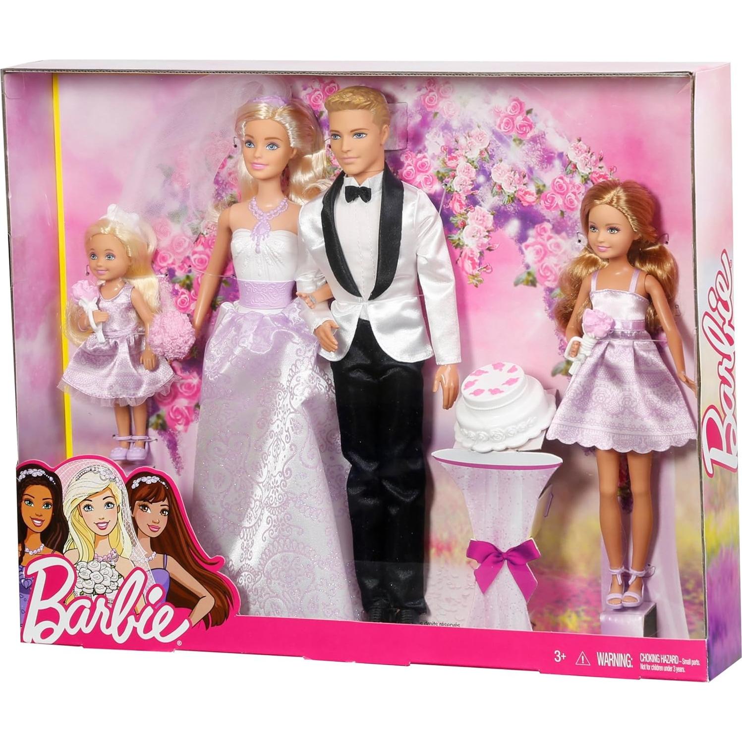 Wedding Set with Bride and Groom Dolls, Stacie, Chelsea and Accessories (Mattel DRJ88), Assorted Colour/Model
