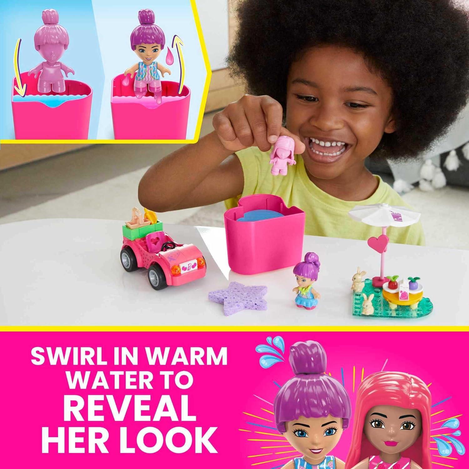 MEGA Barbie Color Reveal Kids Building Toy Set, Convertible Road Trip with 66 Pieces, 2 Micro-Dolls and Accessories, Pink, Ages 4+ Years