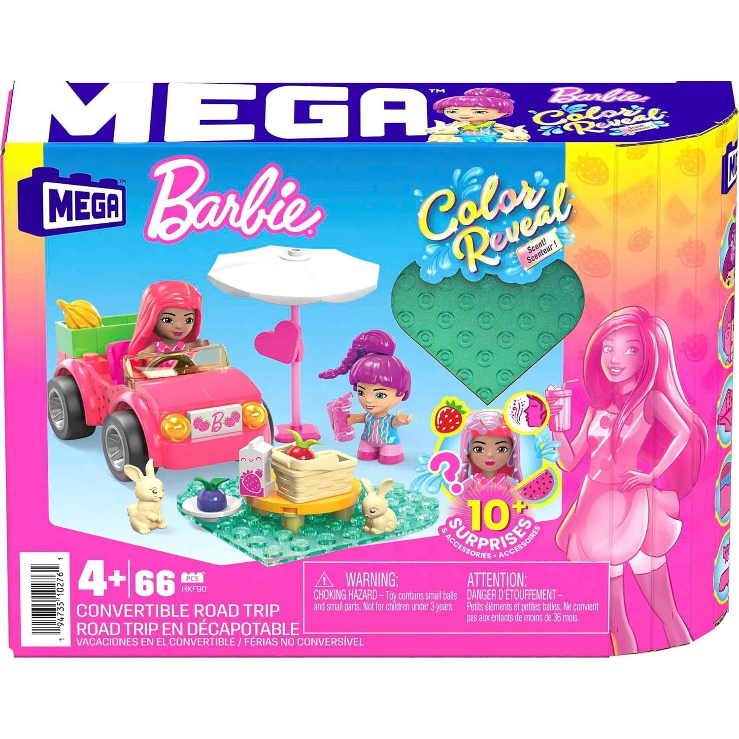 MEGA Barbie Color Reveal Kids Building Toy Set, Convertible Road Trip with 66 Pieces, 2 Micro-Dolls and Accessories, Pink, Ages 4+ Years