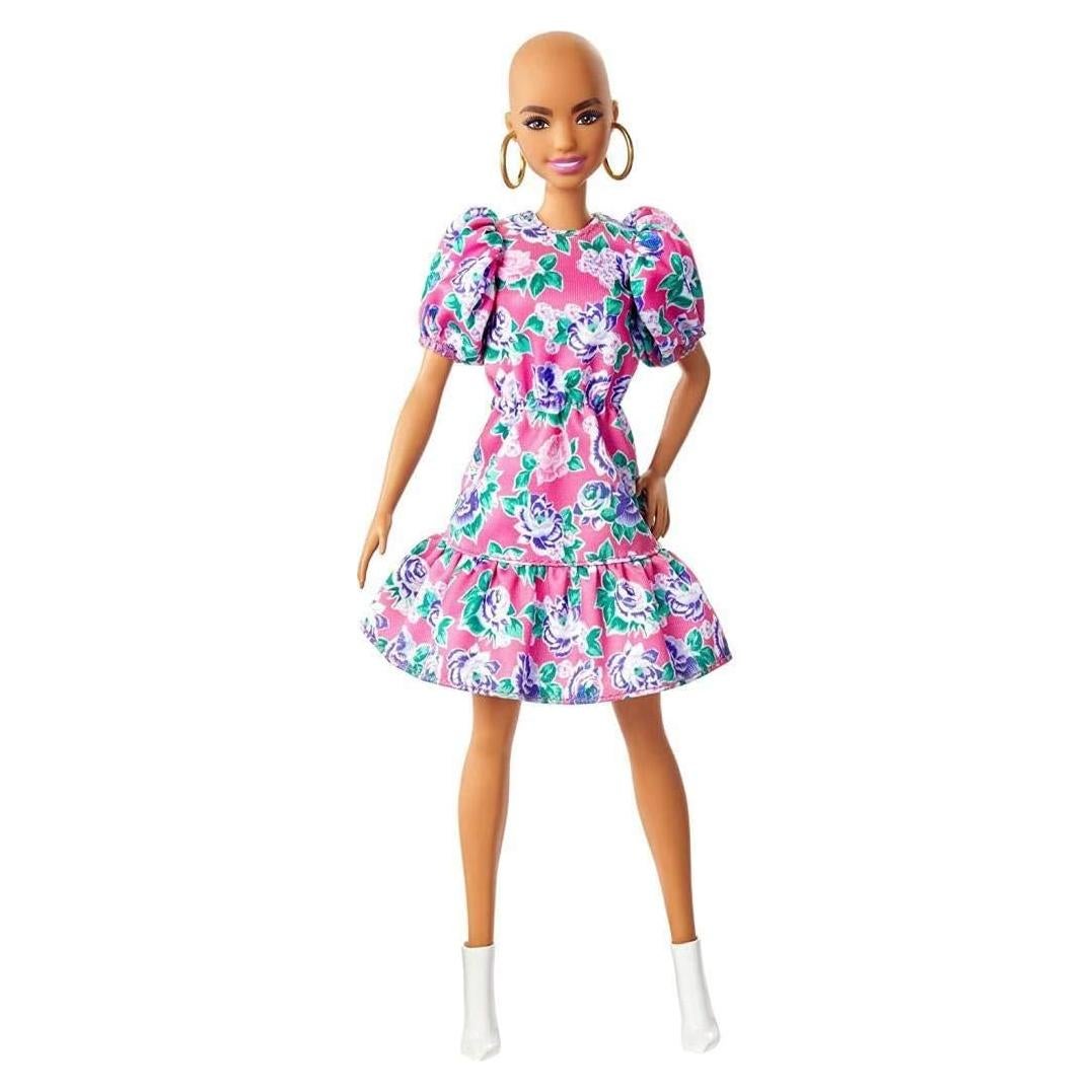 Fashionistas Doll #150 with No-Hair Look Wearing Pink Floral Dress, White Booties & Earrings, Toy for Kids 3 to 8 Years Old