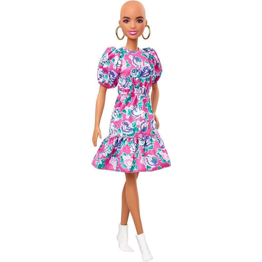 Fashionistas Doll #150 with No-Hair Look Wearing Pink Floral Dress, White Booties & Earrings, Toy for Kids 3 to 8 Years Old