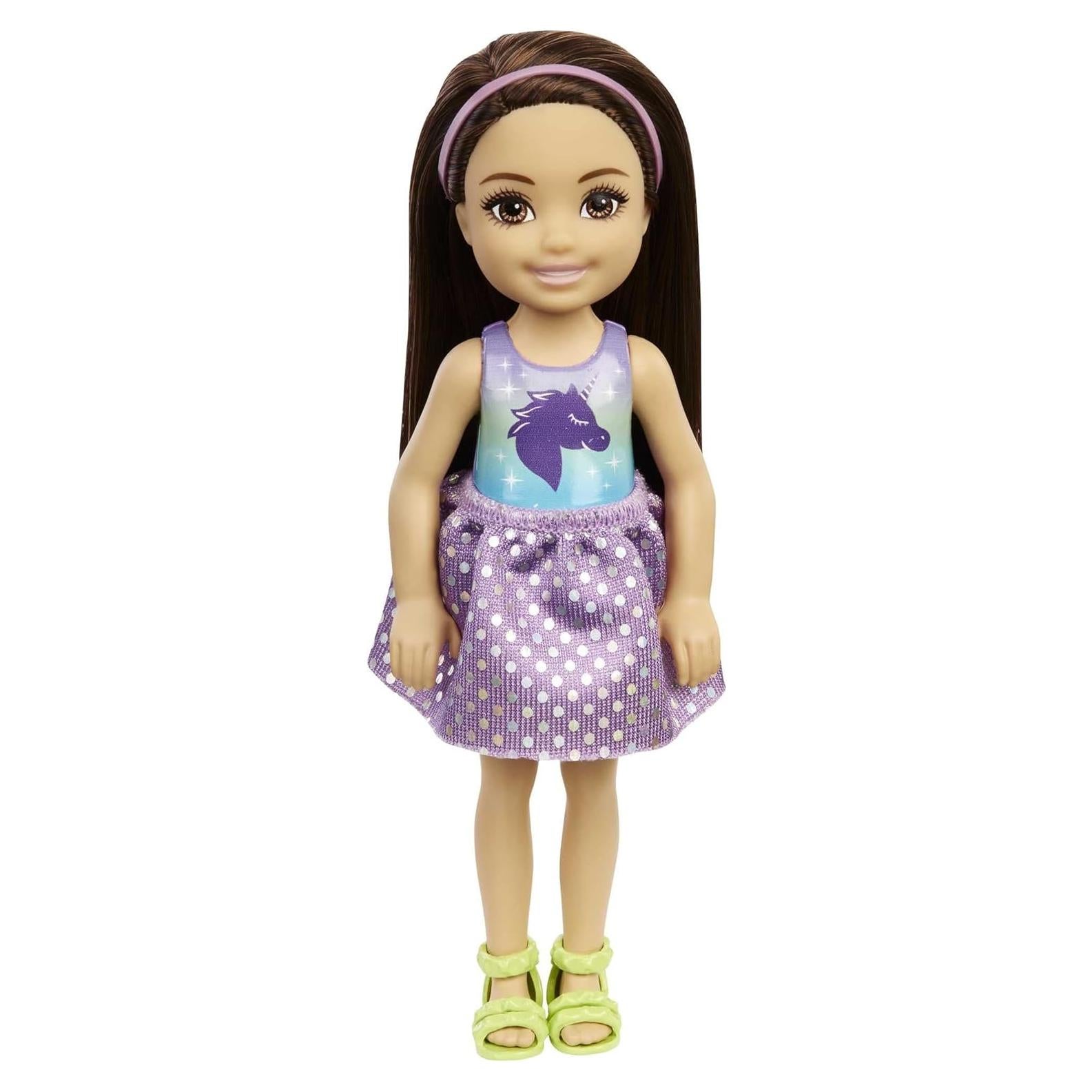 Chelsea Doll, Small Doll with Long Straight Black Hair & Brown Eyes in Removable Dress & Yellow Shoes