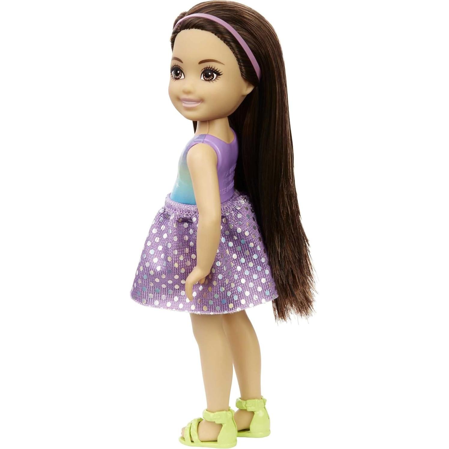 Chelsea Doll, Small Doll with Long Straight Black Hair & Brown Eyes in Removable Dress & Yellow Shoes