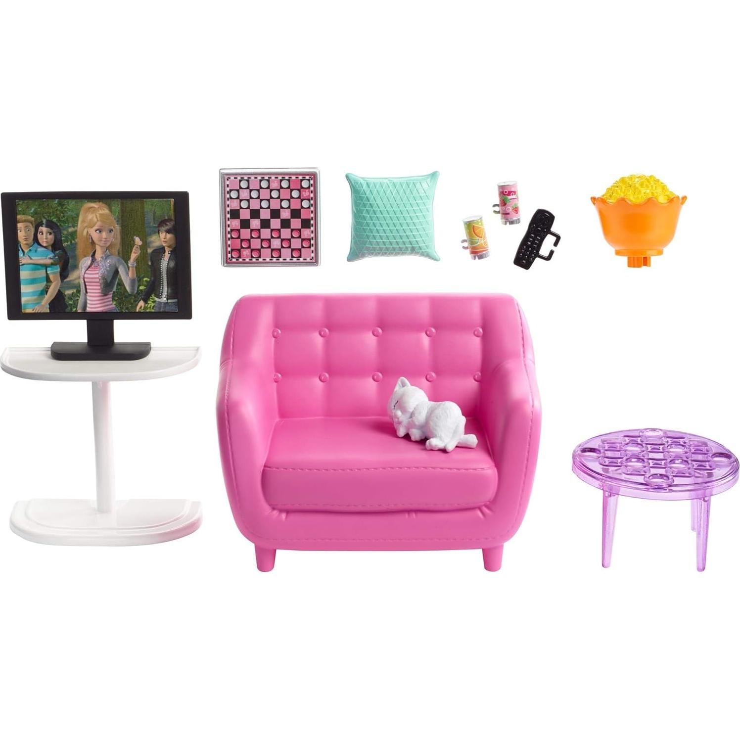 Juego de Muebles de Interior Barbie Sala de Estar con Gatito