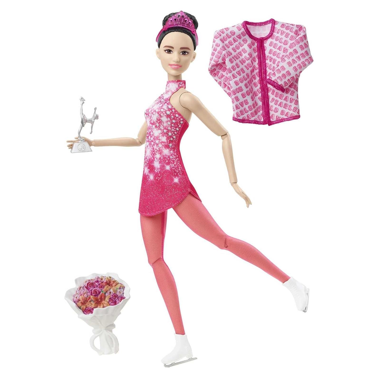 Muñeca Barbie Patinadora Morena 30 cm con Vestido Rosa