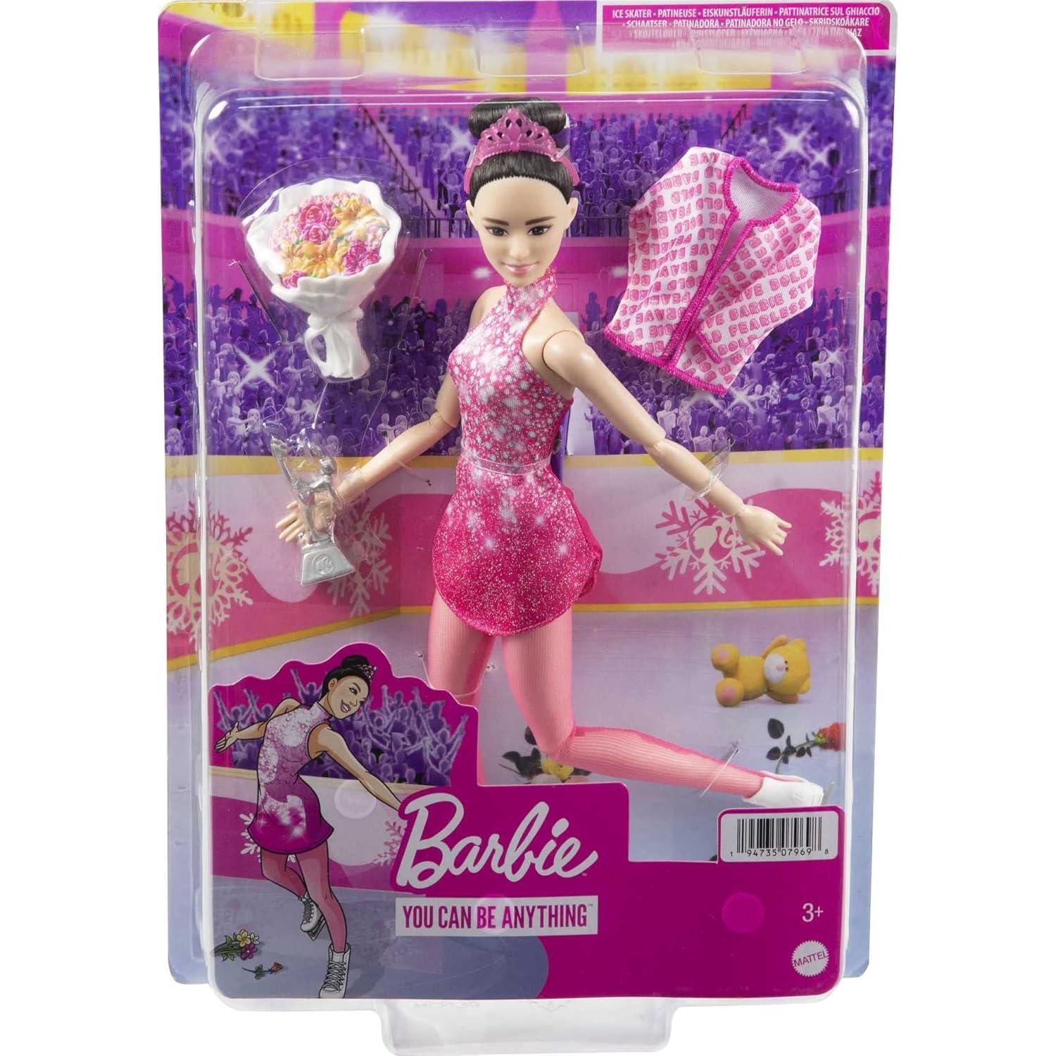 Muñeca Barbie Patinadora Morena 30 cm con Vestido Rosa