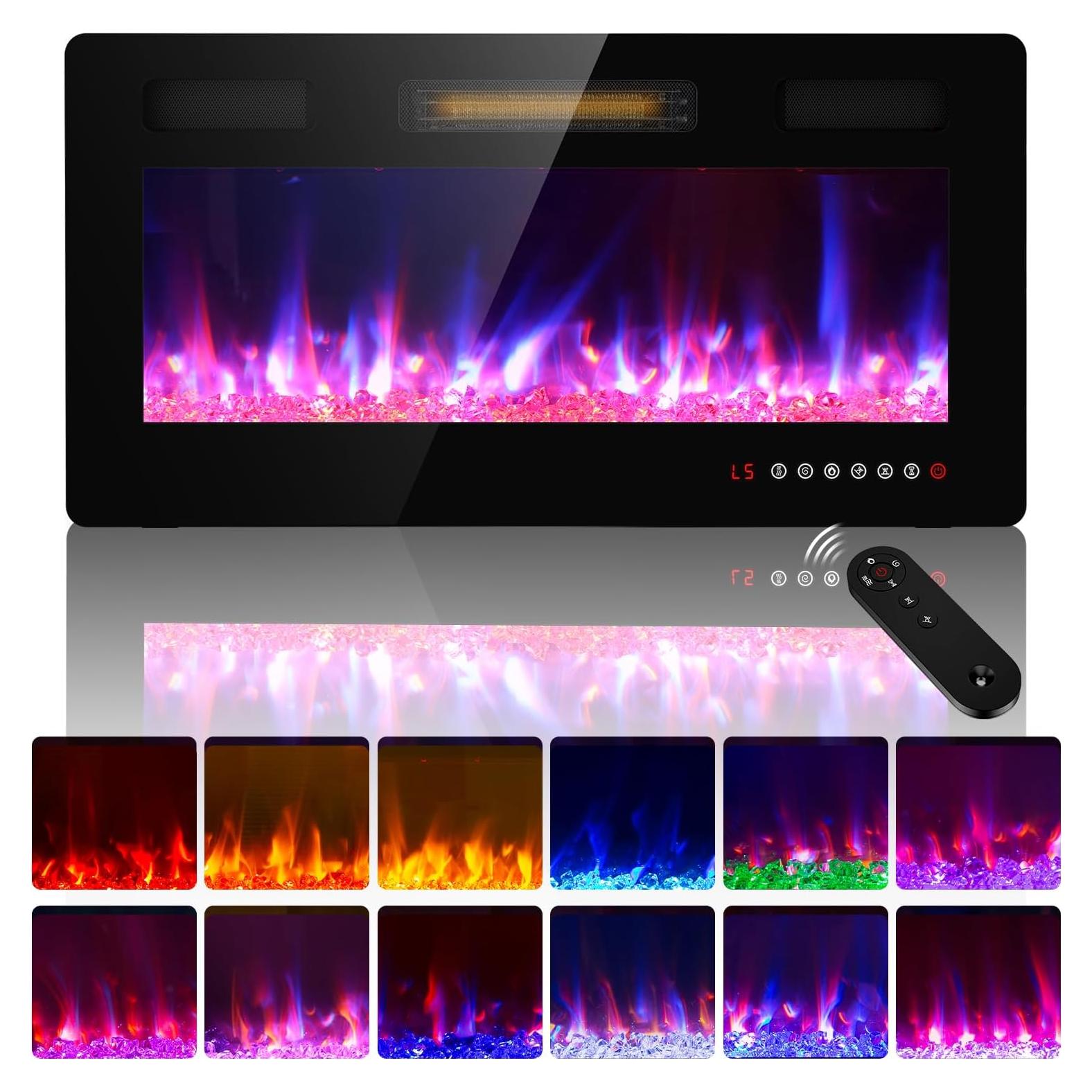 36 inches Electric Fireplace-Wall Fireplace for Living Room-Fireplace Heater Insert Wall Mounted with Remote Control,Timer,12 Flame Colors,750/1500W