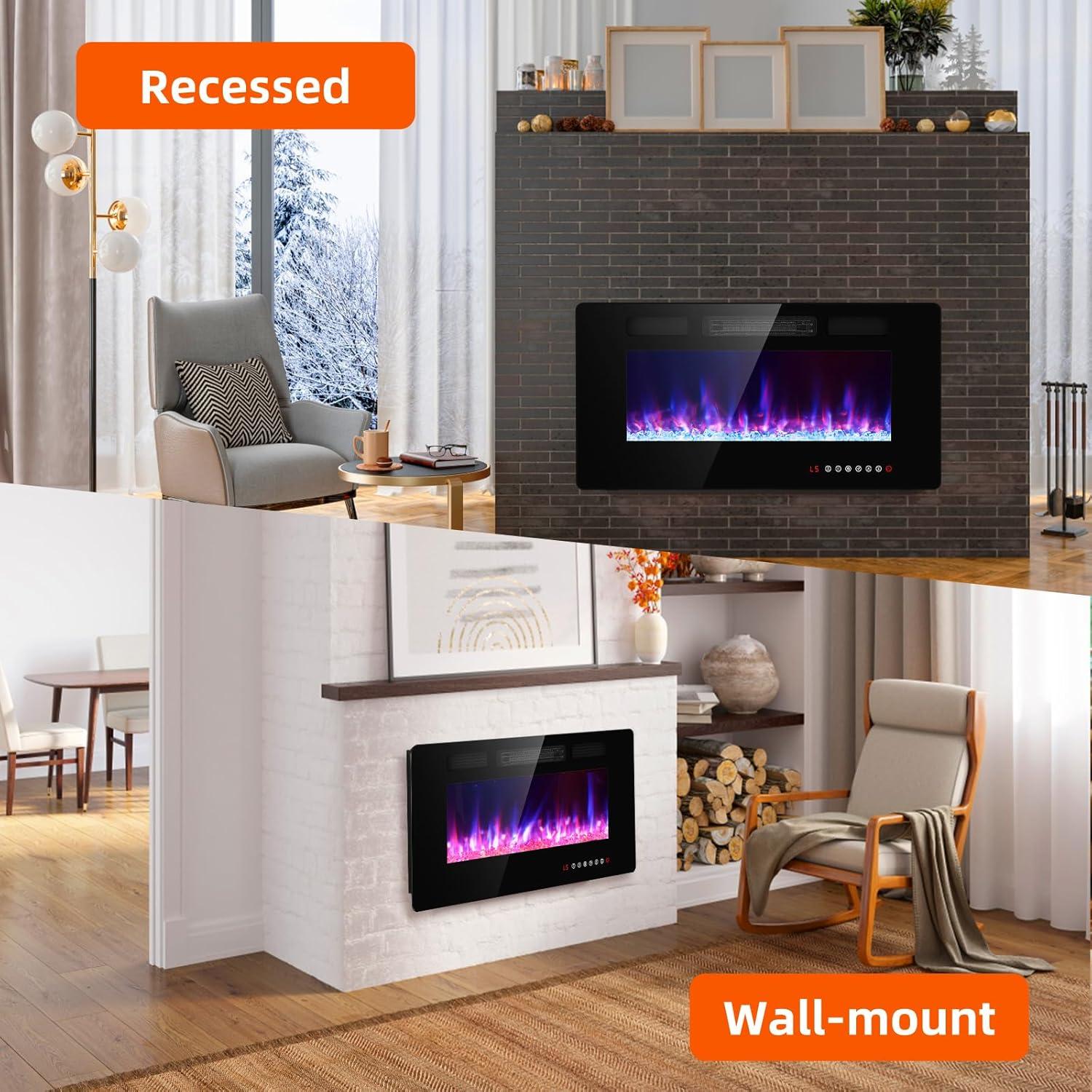 36 inches Electric Fireplace-Wall Fireplace for Living Room-Fireplace Heater Insert Wall Mounted with Remote Control,Timer,12 Flame Colors,750/1500W