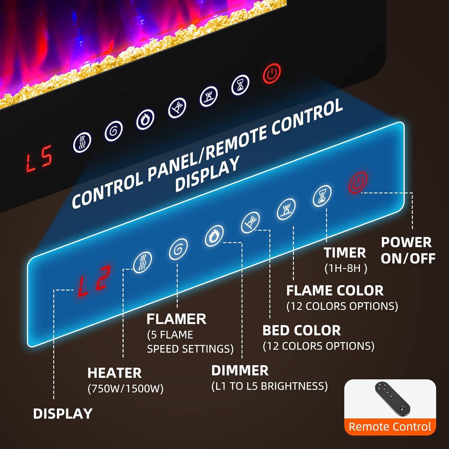 36 inches Electric Fireplace-Wall Fireplace for Living Room-Fireplace Heater Insert Wall Mounted with Remote Control,Timer,12 Flame Colors,750/1500W