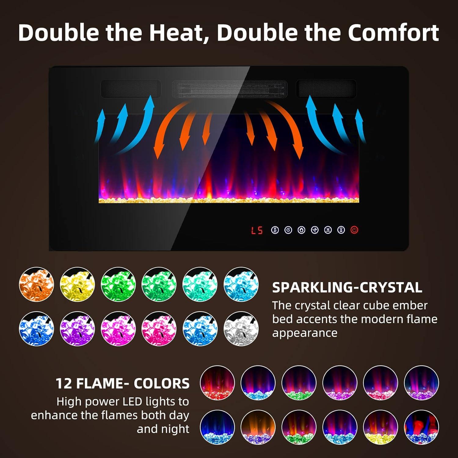 36 inches Electric Fireplace-Wall Fireplace for Living Room-Fireplace Heater Insert Wall Mounted with Remote Control,Timer,12 Flame Colors,750/1500W