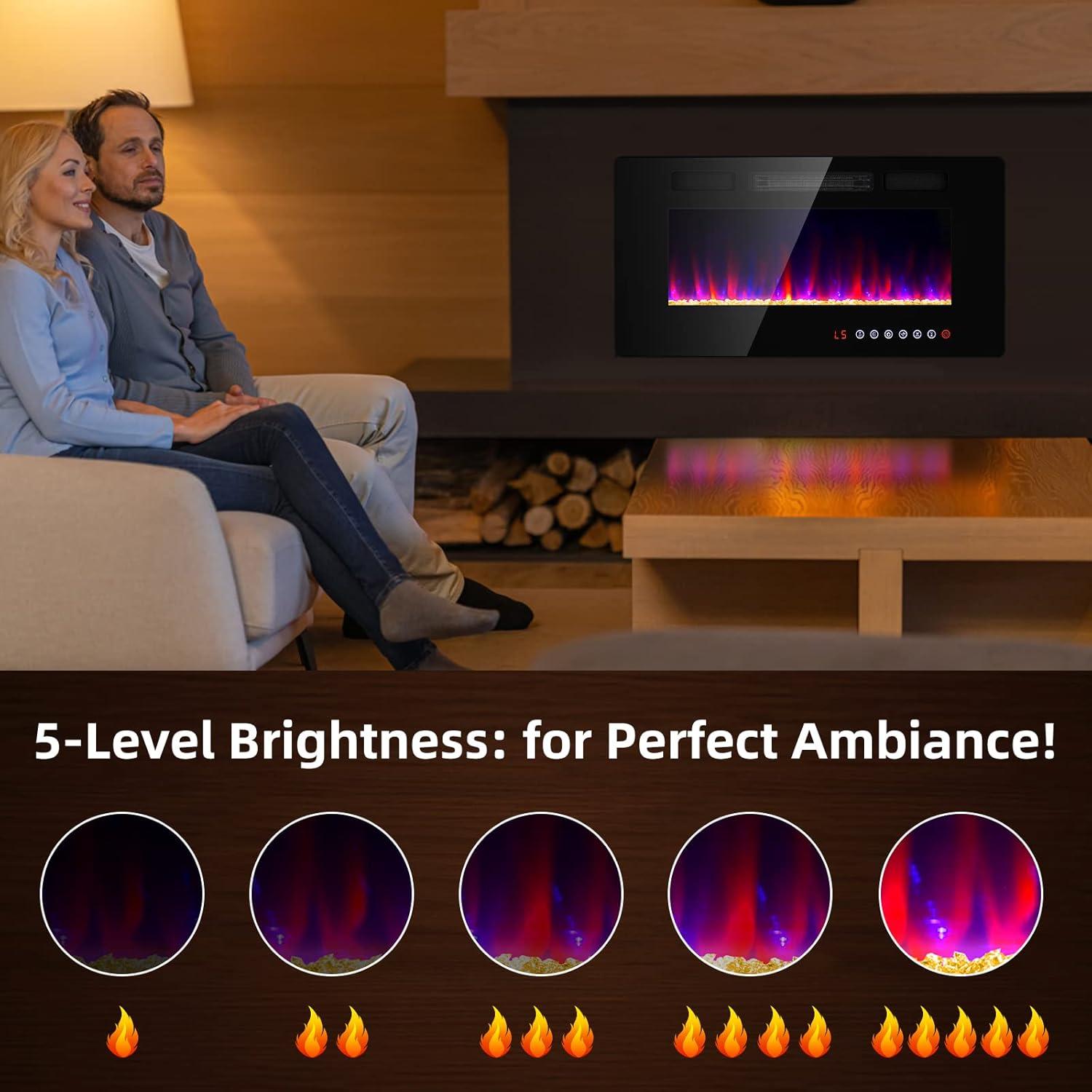36 inches Electric Fireplace-Wall Fireplace for Living Room-Fireplace Heater Insert Wall Mounted with Remote Control,Timer,12 Flame Colors,750/1500W