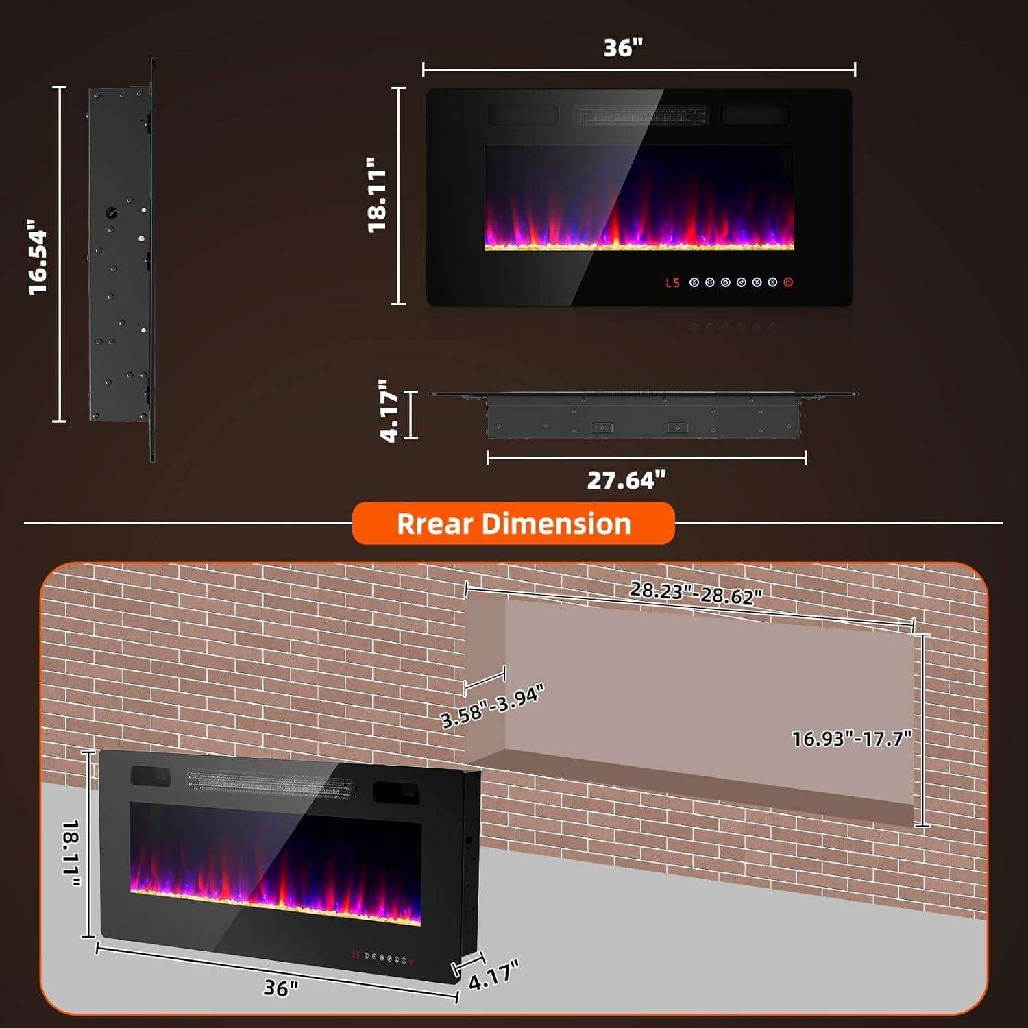 36 inches Electric Fireplace-Wall Fireplace for Living Room-Fireplace Heater Insert Wall Mounted with Remote Control,Timer,12 Flame Colors,750/1500W