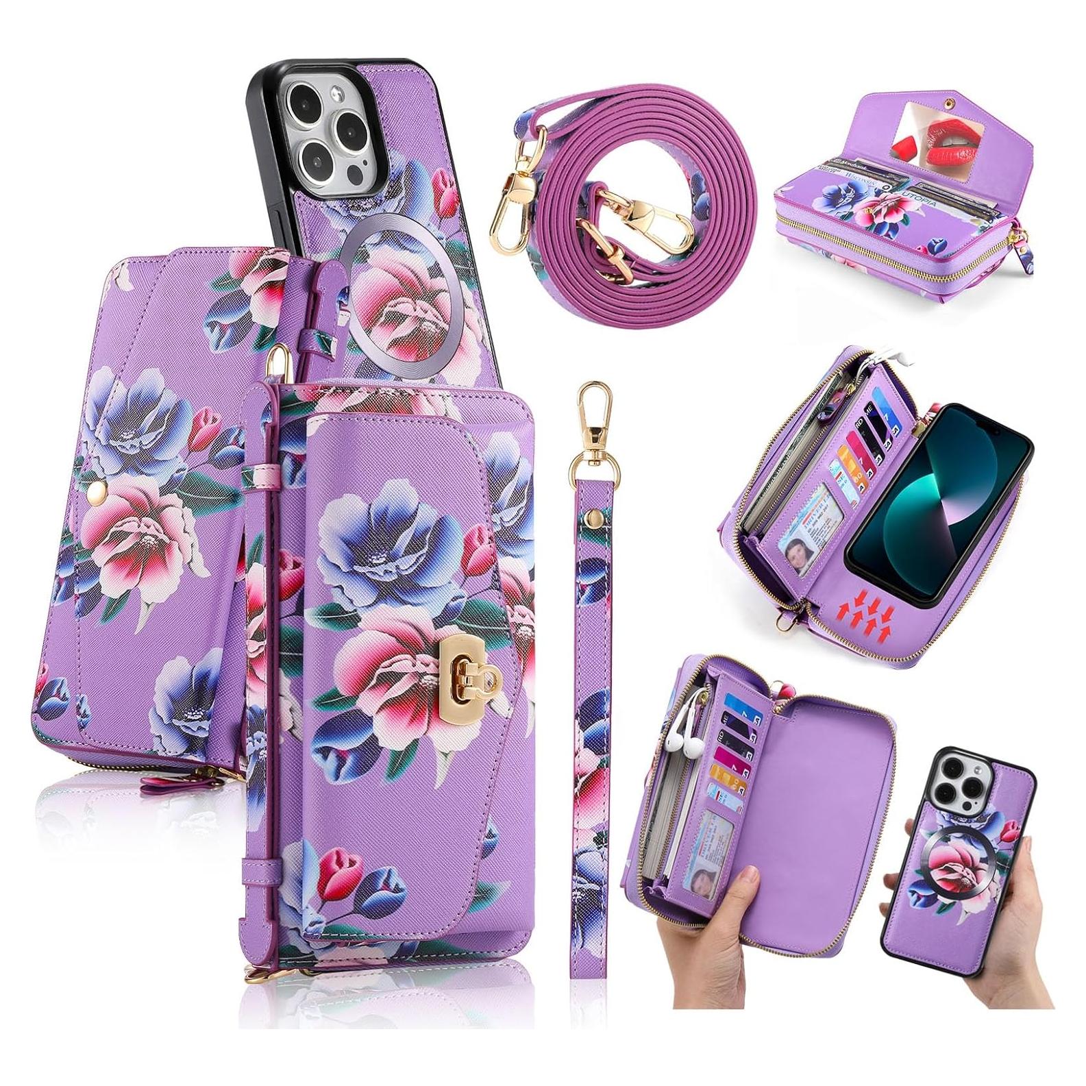 Funda Cartera Cruzada LITOU para iPhone 16 Plus Flor Púrpura