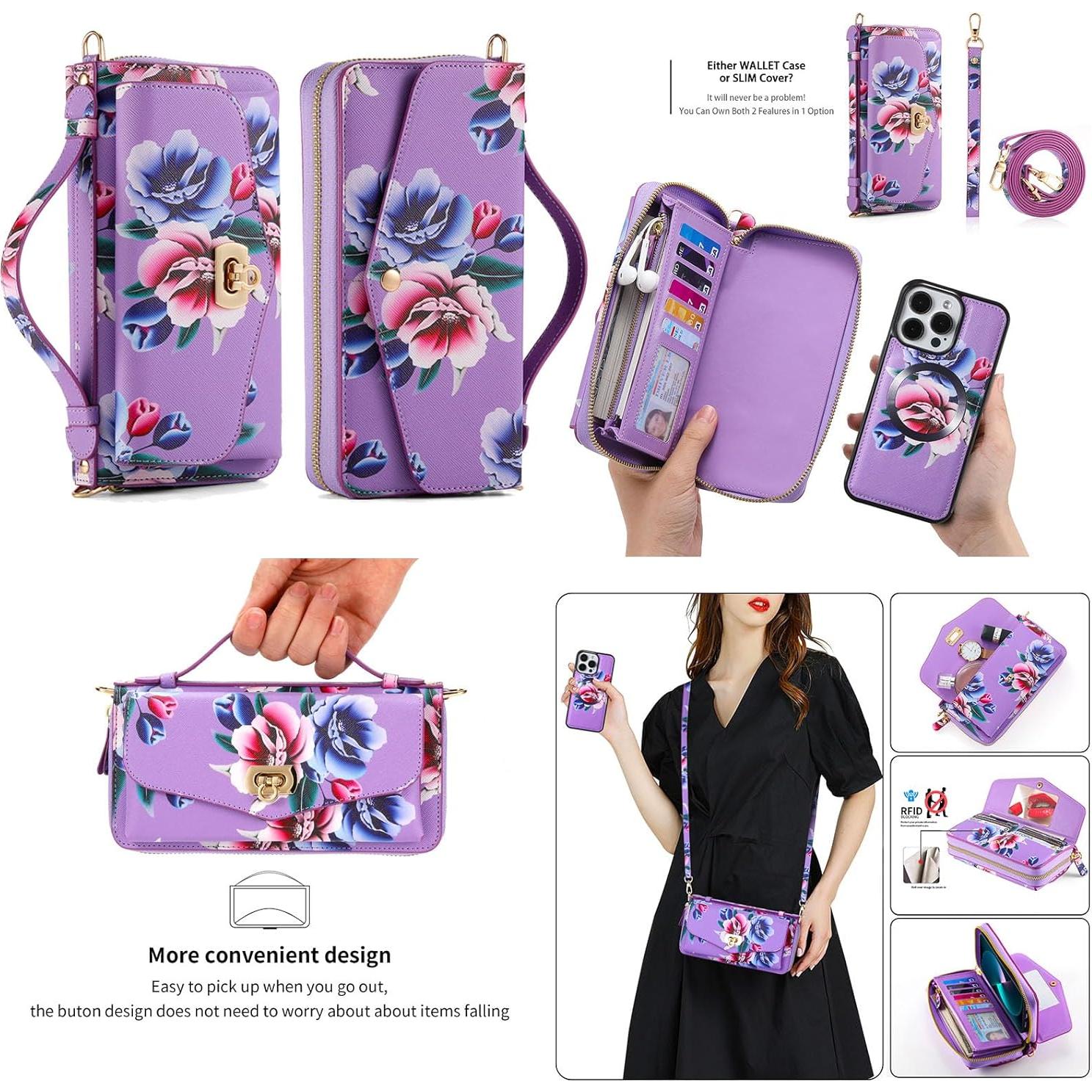 Funda Cartera Cruzada LITOU para iPhone 16 Plus Flor Púrpura