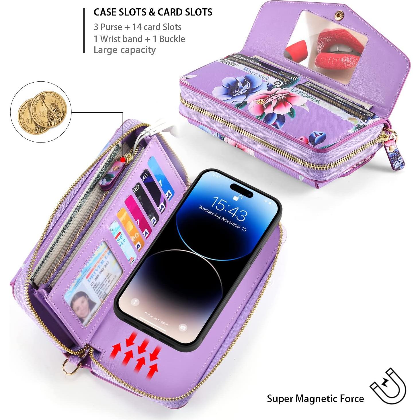 Funda Cartera Cruzada LITOU para iPhone 16 Plus Flor Púrpura