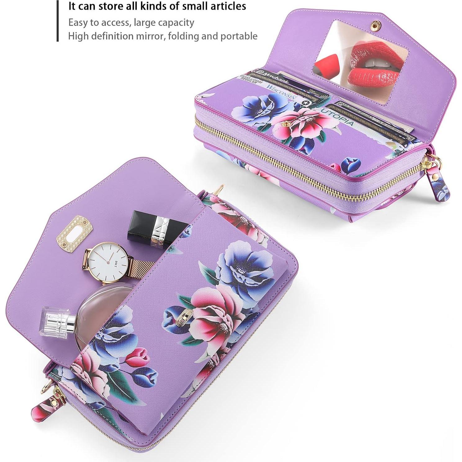 Funda Cartera Cruzada LITOU para iPhone 16 Plus Flor Púrpura