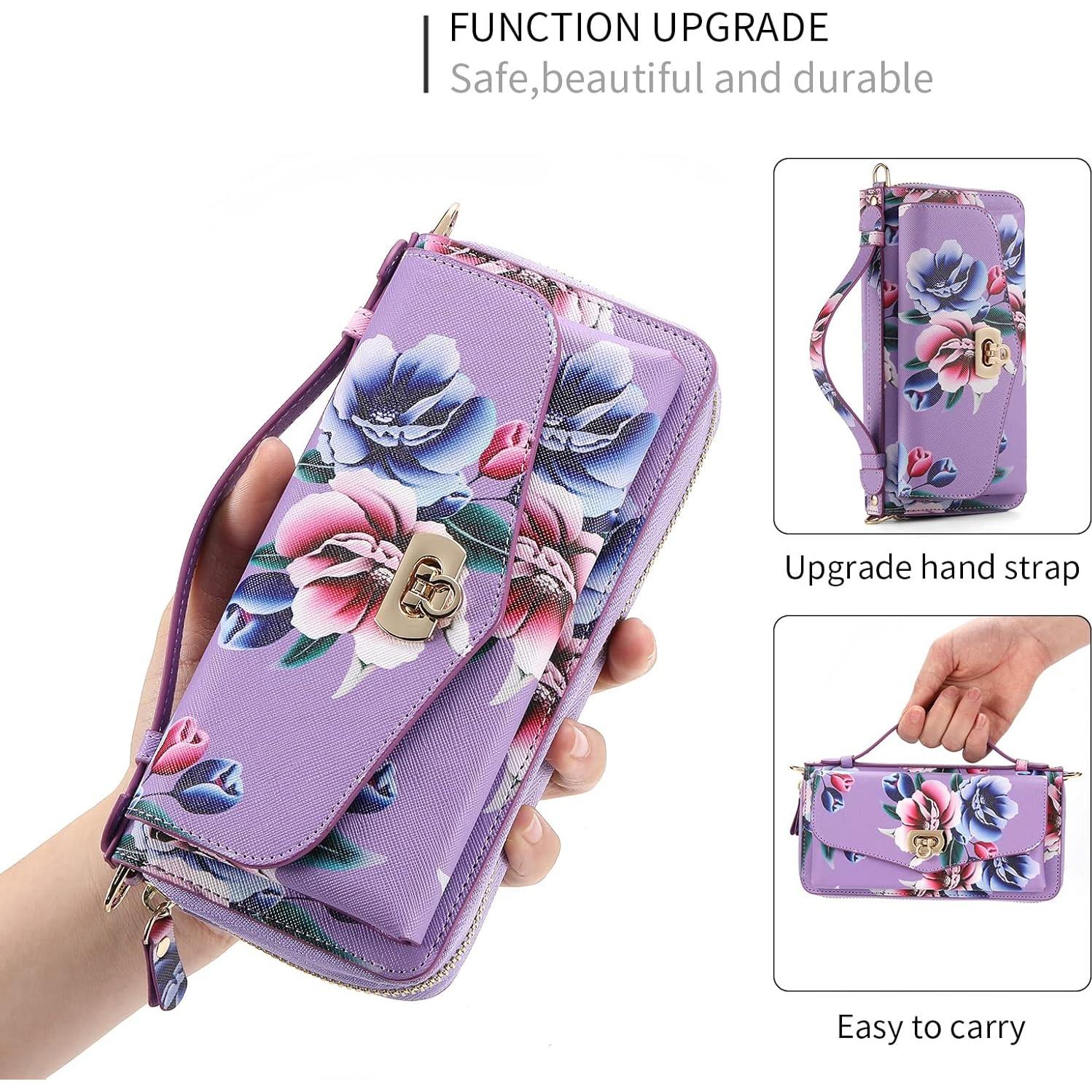 Funda Cartera Cruzada LITOU para iPhone 16 Plus Flor Púrpura