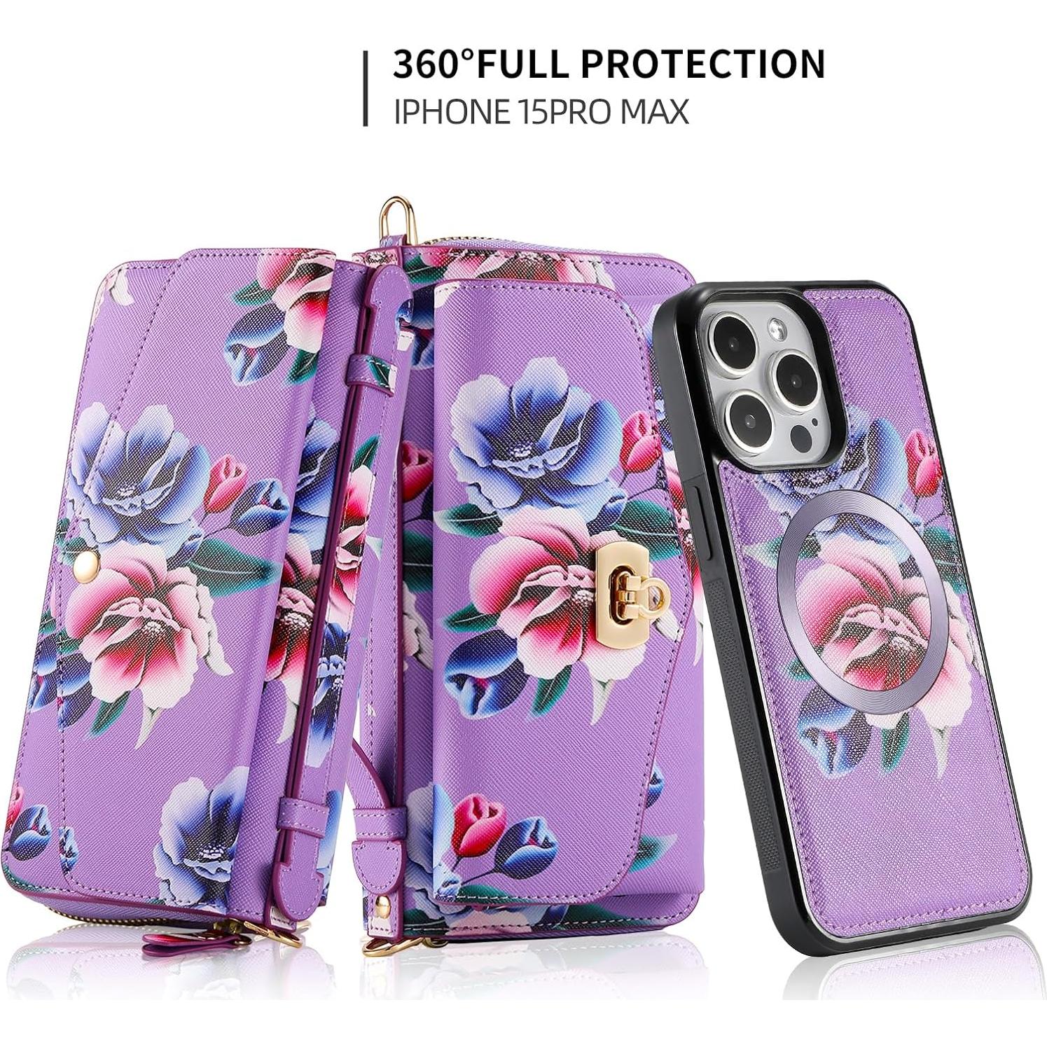 Funda Cartera Cruzada LITOU para iPhone 16 Plus Flor Púrpura
