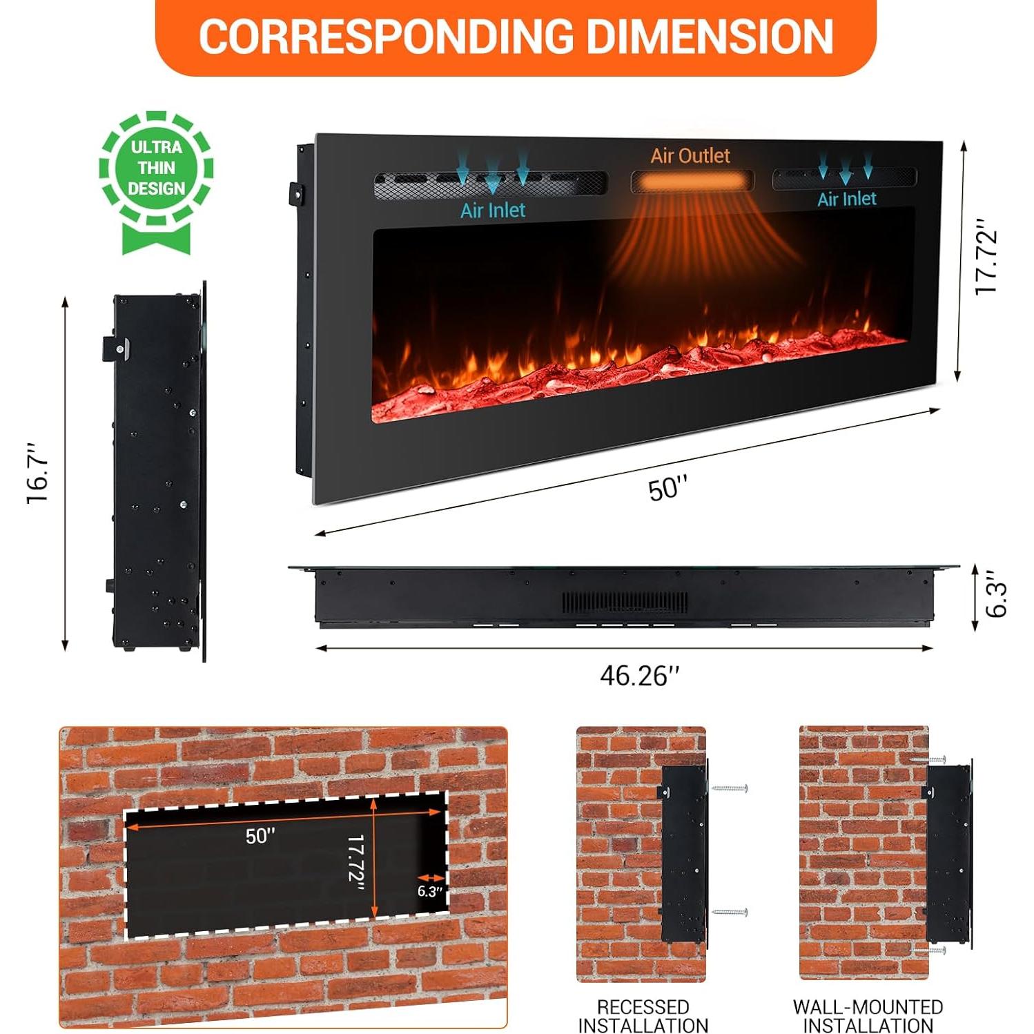 Electric Fireplace Insert, 50 Inch Wall-Mounted or Recessed with Timer, 5120 BTU Heat, 12 Flame Colors