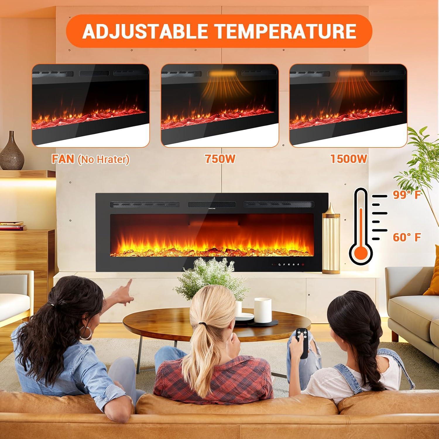 Electric Fireplace Insert, 50 Inch Wall-Mounted or Recessed with Timer, 5120 BTU Heat, 12 Flame Colors