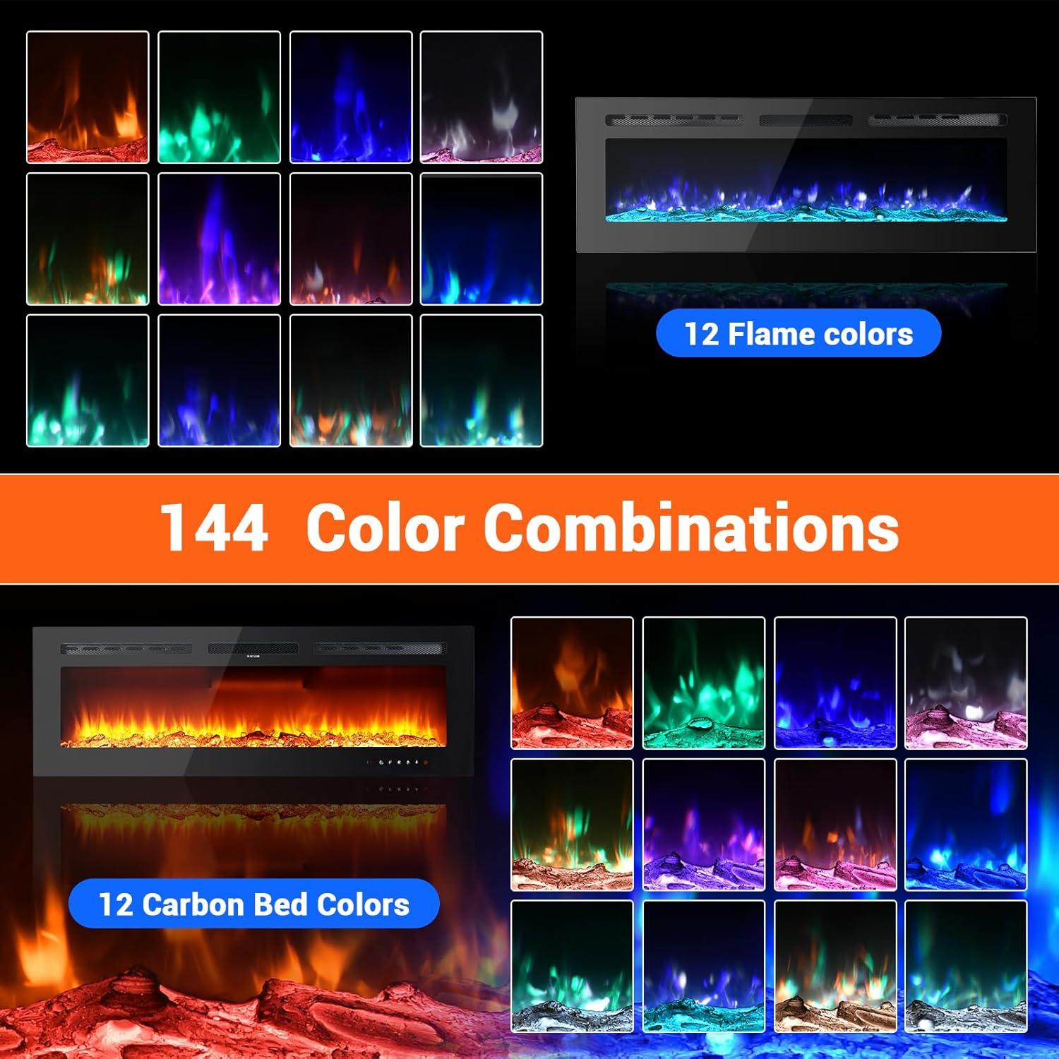 Electric Fireplace Insert, 50 Inch Wall-Mounted or Recessed with Timer, 5120 BTU Heat, 12 Flame Colors