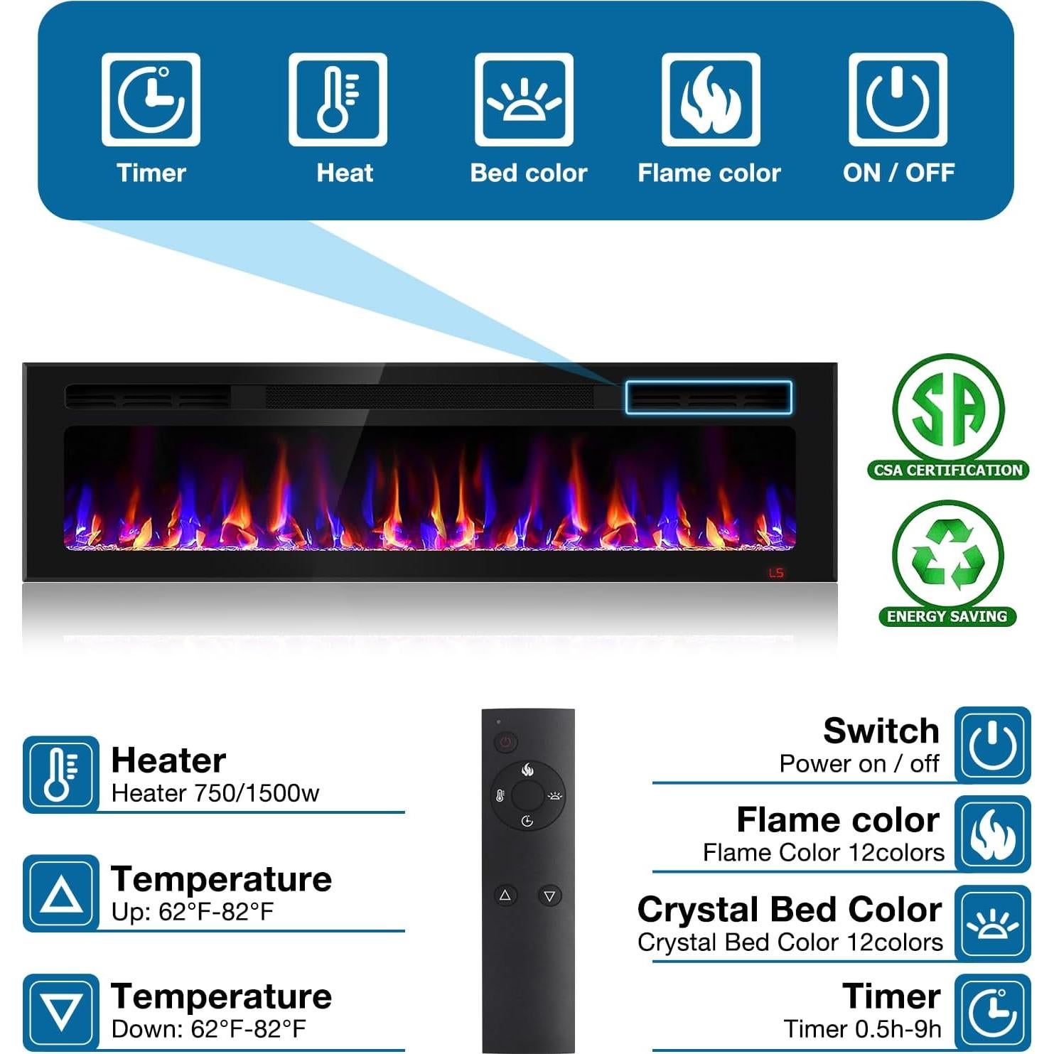Chimenea Eléctrica Sixfivsevn 152 cm Control Remoto 12 Colores