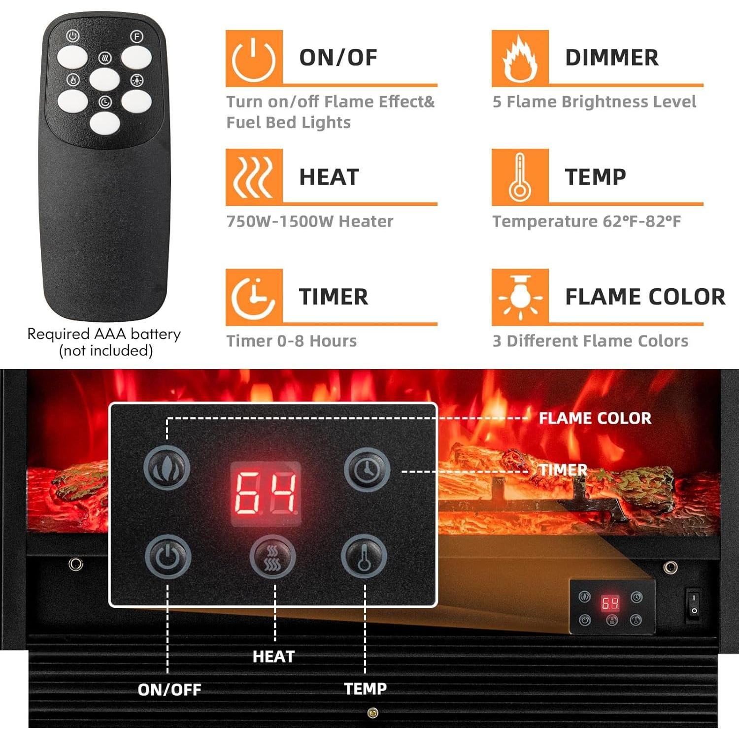 Chimenea Eléctrica Giantex 72.39 cm Control Remoto 3 Colores