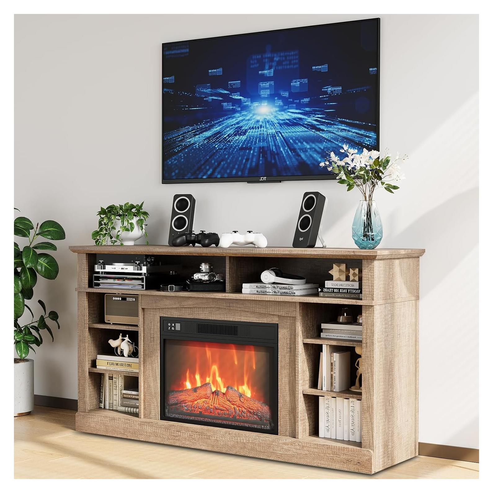 58"Electric Fireplace With Mantel And Cabinets,Stand for TVs up to 65",with 23" Electric Fireplace Remote Control,Fireplace Tv Stand,Entertainment Center For Living Room or Bedroom,original wood color