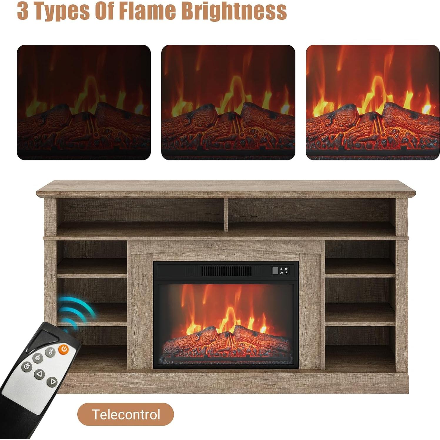 58"Electric Fireplace With Mantel And Cabinets,Stand for TVs up to 65",with 23" Electric Fireplace Remote Control,Fireplace Tv Stand,Entertainment Center For Living Room or Bedroom,original wood color