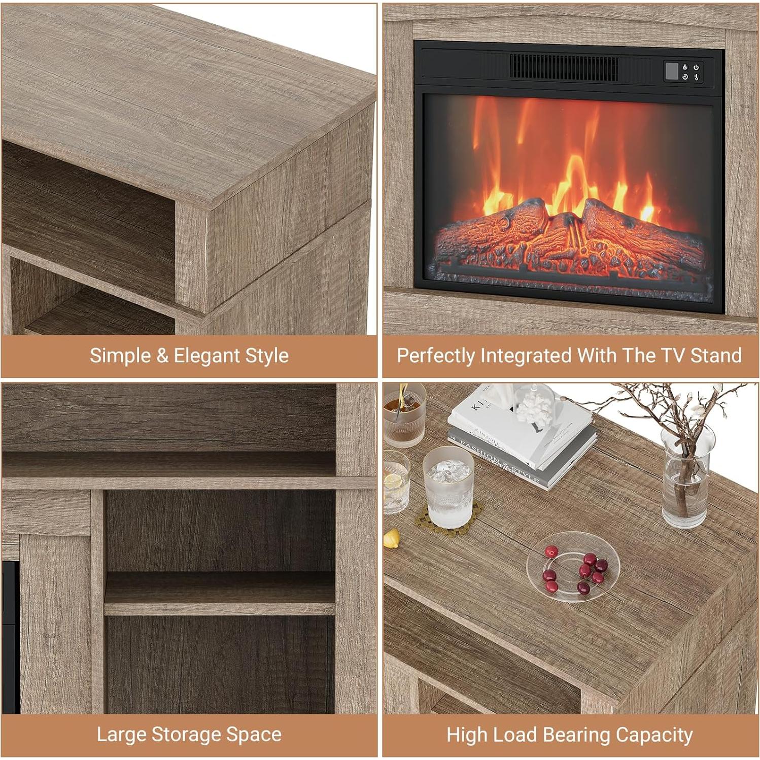 58"Electric Fireplace With Mantel And Cabinets,Stand for TVs up to 65",with 23" Electric Fireplace Remote Control,Fireplace Tv Stand,Entertainment Center For Living Room or Bedroom,original wood color