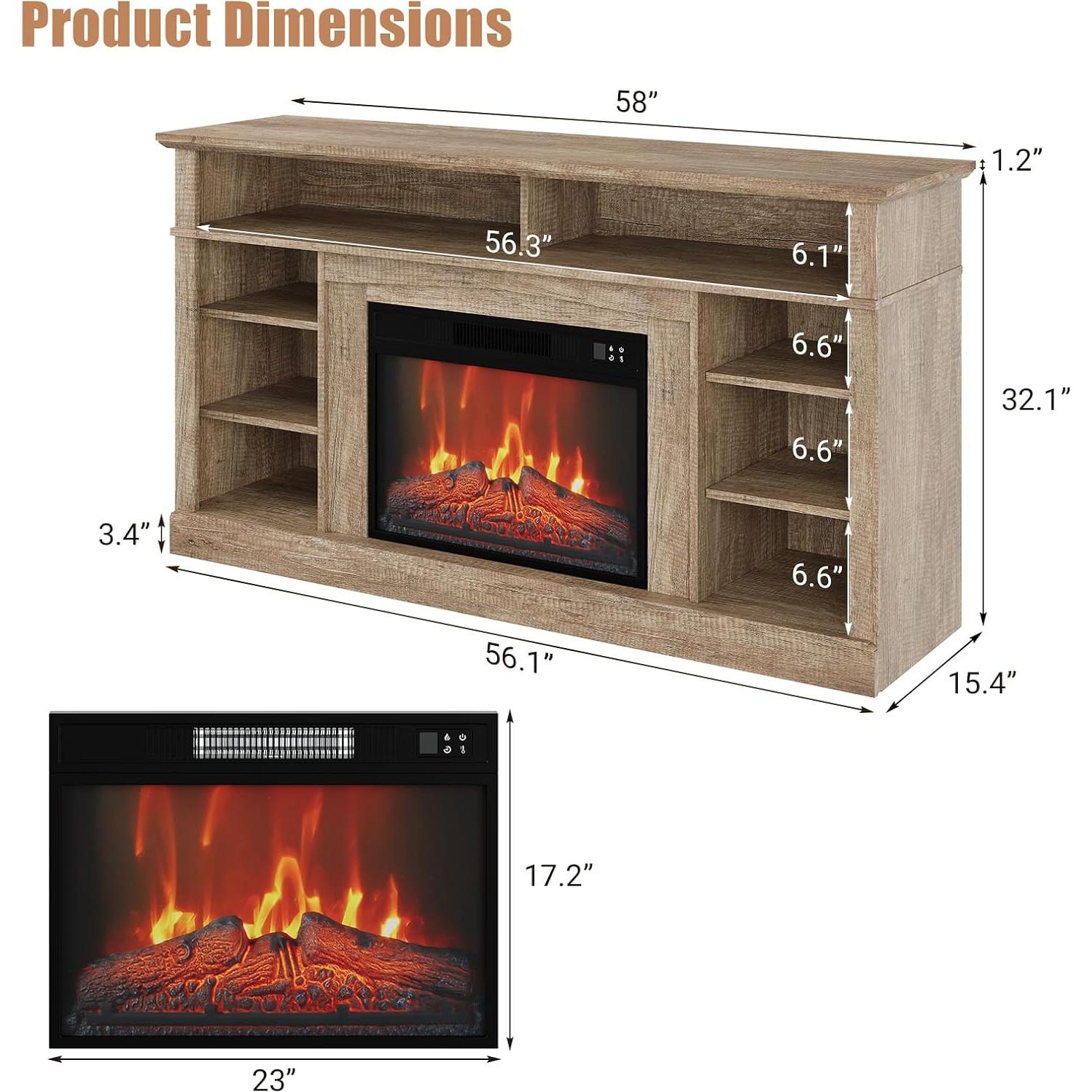 58"Electric Fireplace With Mantel And Cabinets,Stand for TVs up to 65",with 23" Electric Fireplace Remote Control,Fireplace Tv Stand,Entertainment Center For Living Room or Bedroom,original wood color
