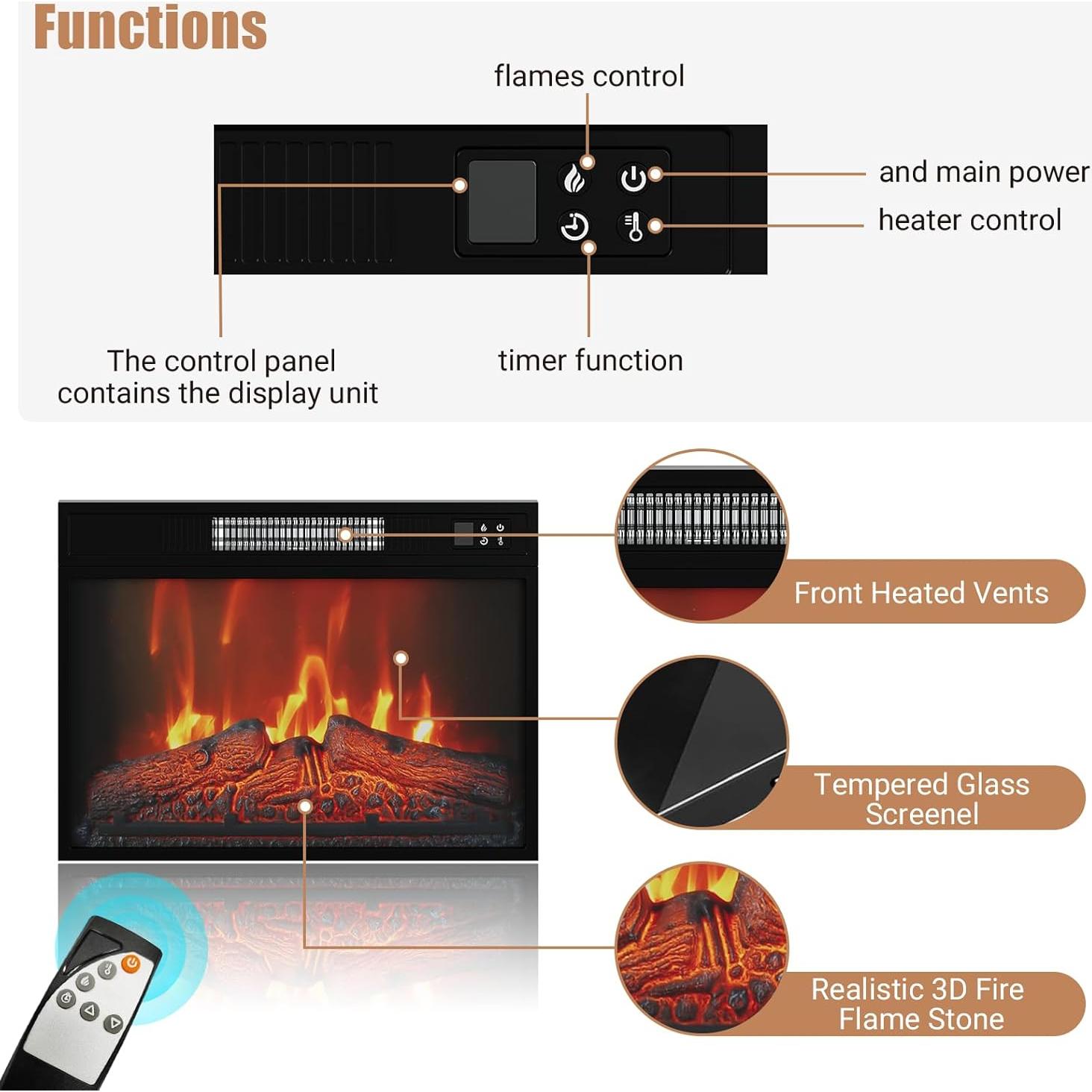 58"Electric Fireplace With Mantel And Cabinets,Stand for TVs up to 65",with 23" Electric Fireplace Remote Control,Fireplace Tv Stand,Entertainment Center For Living Room or Bedroom,original wood color