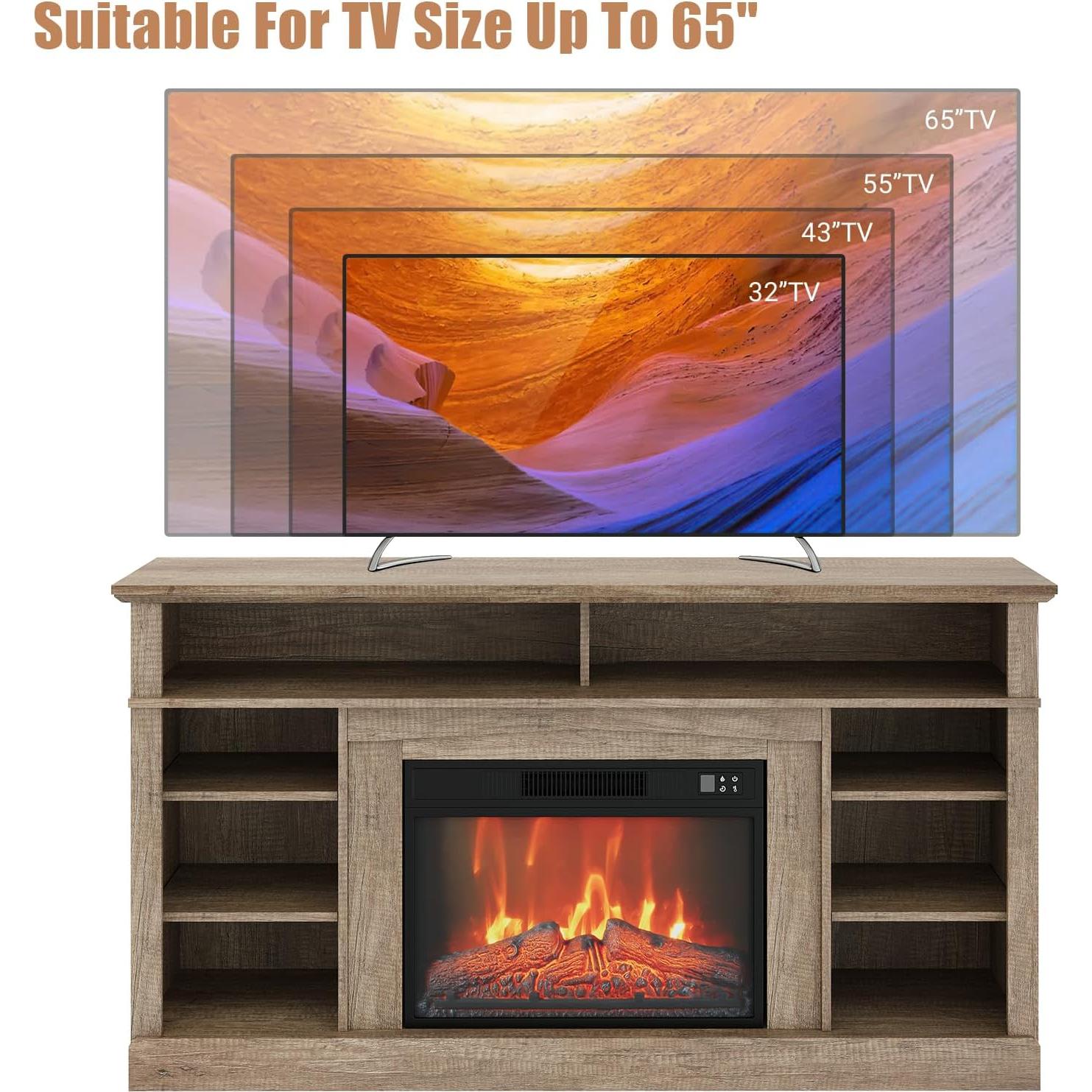 58"Electric Fireplace With Mantel And Cabinets,Stand for TVs up to 65",with 23" Electric Fireplace Remote Control,Fireplace Tv Stand,Entertainment Center For Living Room or Bedroom,original wood color