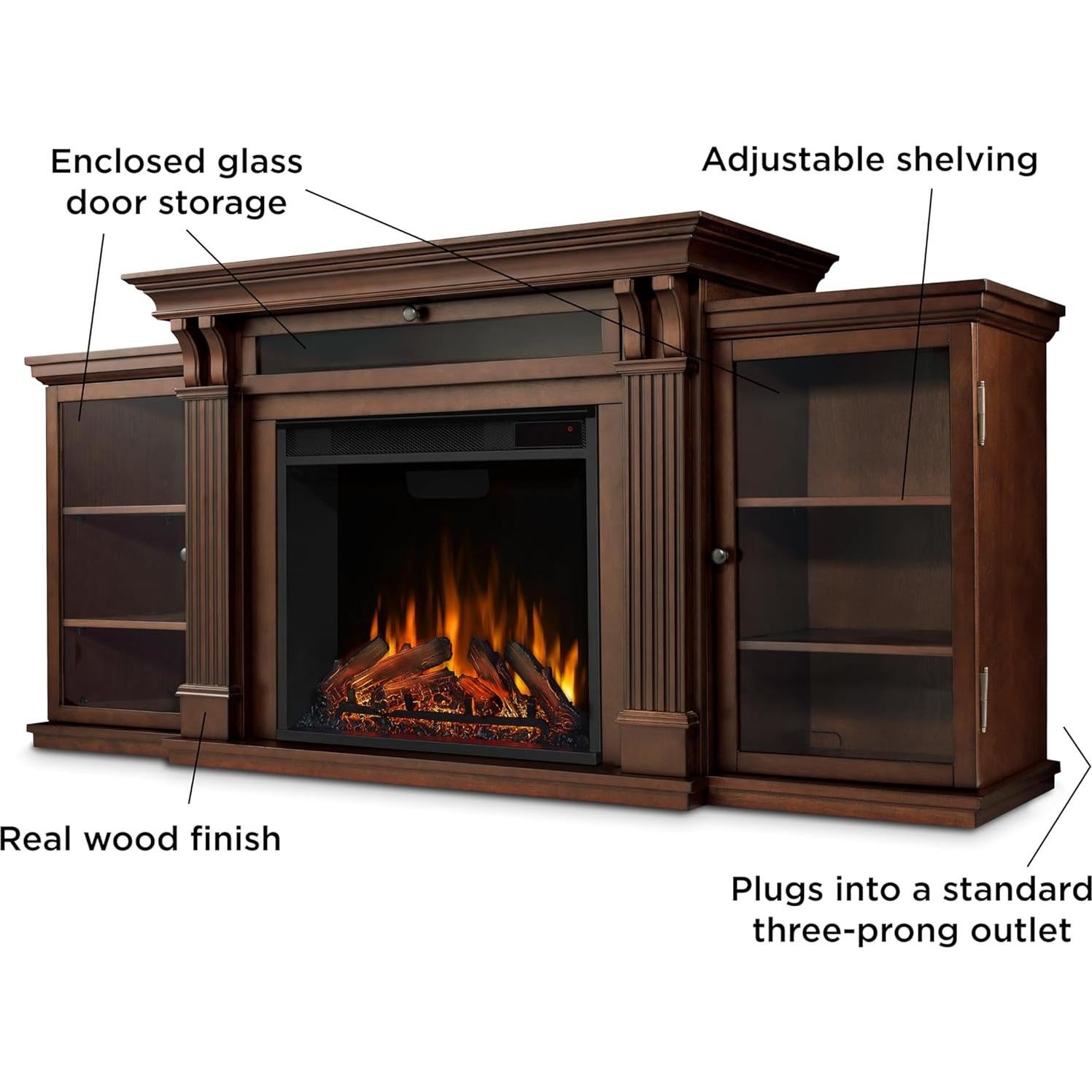 Real Flame Calie 67" Electric Fireplace TV Stand for TVs up to 65 inches, Entertainment Center with Adjustable Shelves and Storage, TV Stand for Living Room and Bedroom, Remote Control, Timer