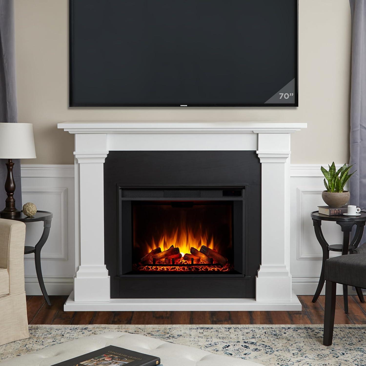 Real Flame Callaway 63" Grand Electric Fireplace with Mantel in White, Free-Standing Oversized Indoor Electric Fireplace with Mantel, Adjustable Thermostat, Automatic Safety Shut-Off
