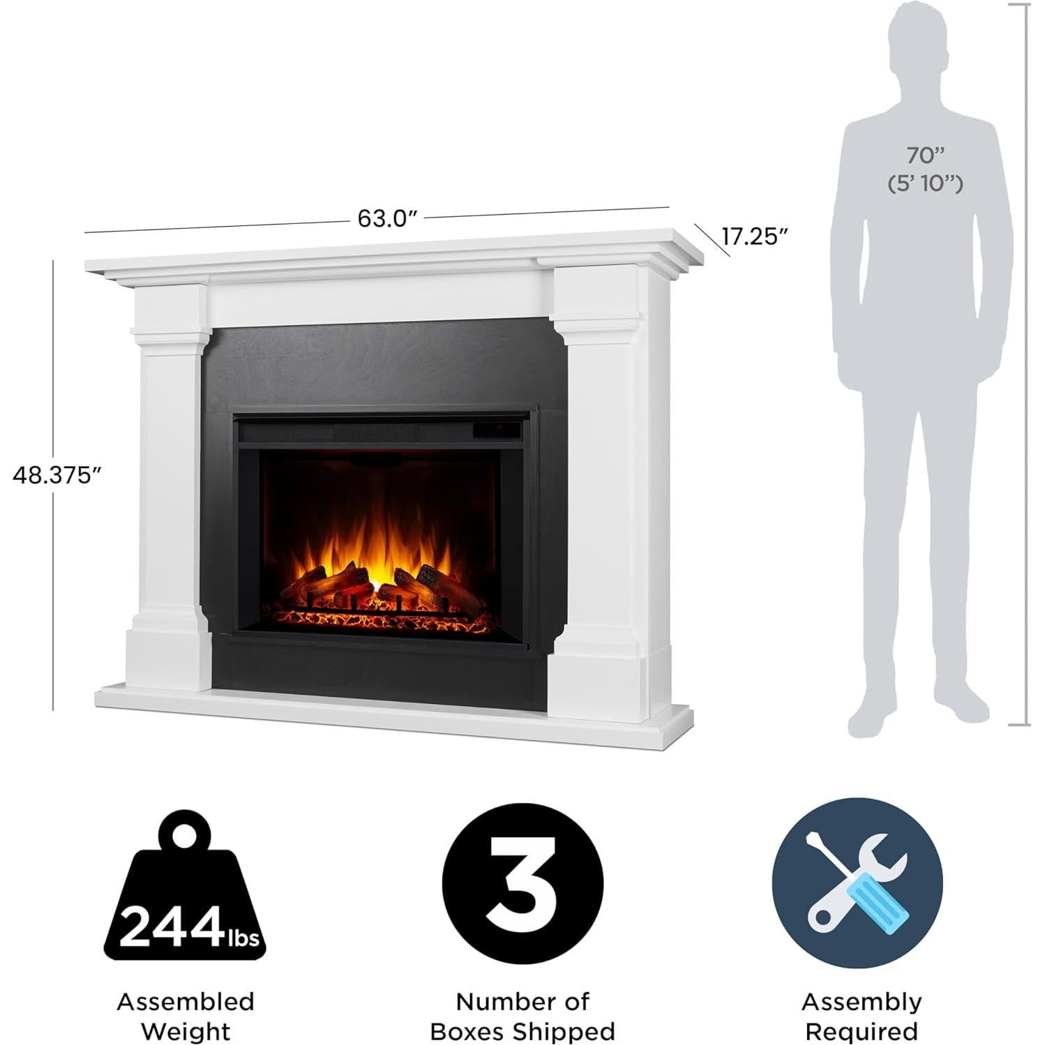 Real Flame Callaway 63" Grand Electric Fireplace with Mantel in White, Free-Standing Oversized Indoor Electric Fireplace with Mantel, Adjustable Thermostat, Automatic Safety Shut-Off