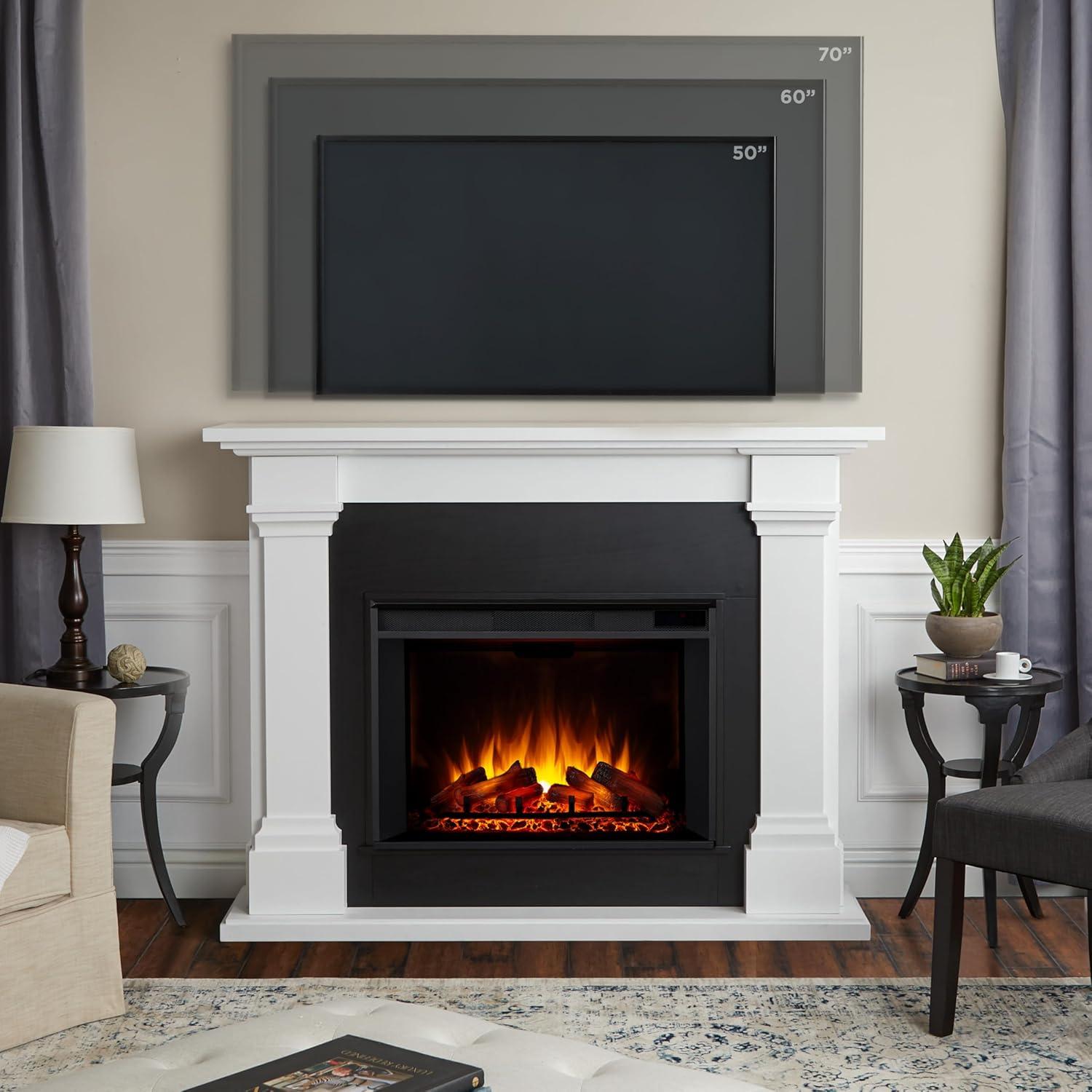 Real Flame Callaway 63" Grand Electric Fireplace with Mantel in White, Free-Standing Oversized Indoor Electric Fireplace with Mantel, Adjustable Thermostat, Automatic Safety Shut-Off