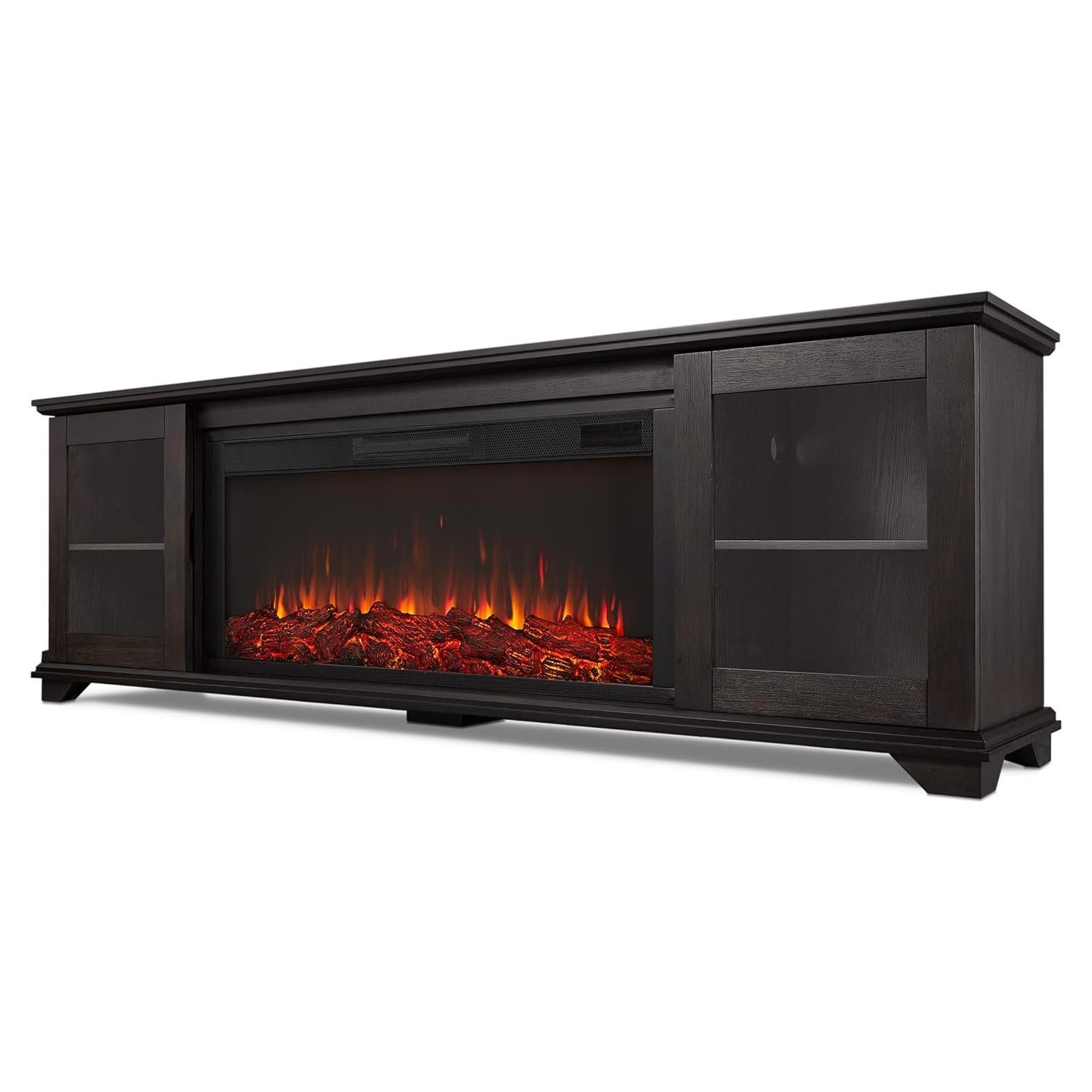 Real Flame Benjamin 81" Electric Fireplace TV Stand for TVs up to 80 inches, Entertainment Center with Adjustable Shelves and Storage, TV Stand for Living Room and Bedroom, Remote Control, Timer