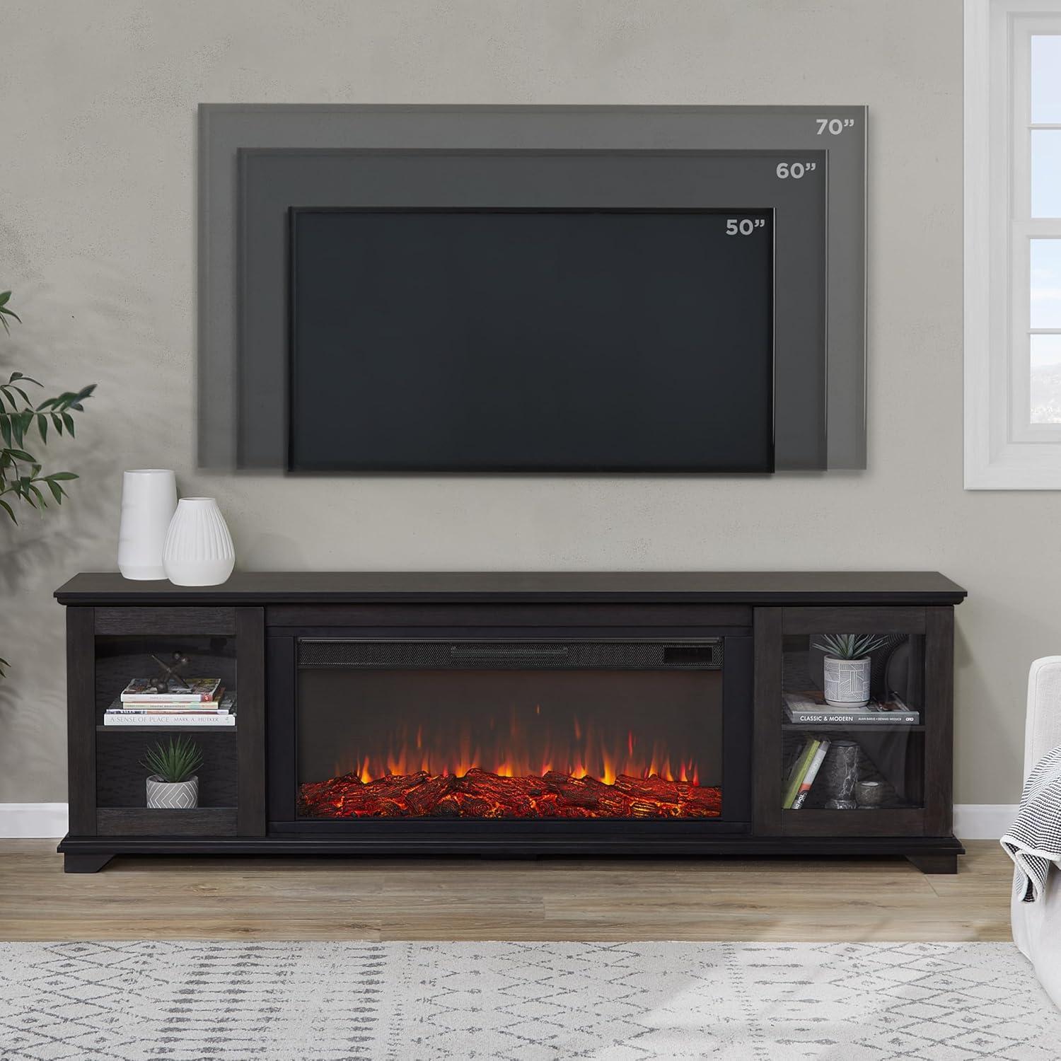 Real Flame Benjamin 81" Electric Fireplace TV Stand for TVs up to 80 inches, Entertainment Center with Adjustable Shelves and Storage, TV Stand for Living Room and Bedroom, Remote Control, Timer