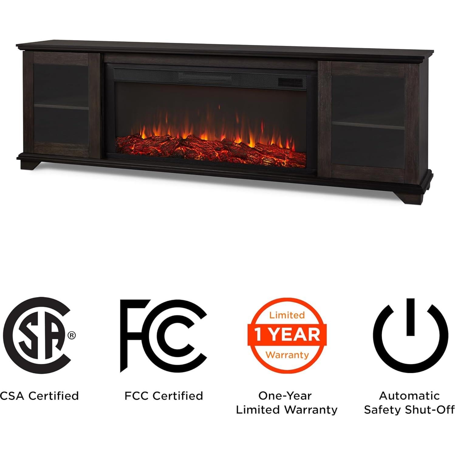 Real Flame Benjamin 81" Electric Fireplace TV Stand for TVs up to 80 inches, Entertainment Center with Adjustable Shelves and Storage, TV Stand for Living Room and Bedroom, Remote Control, Timer