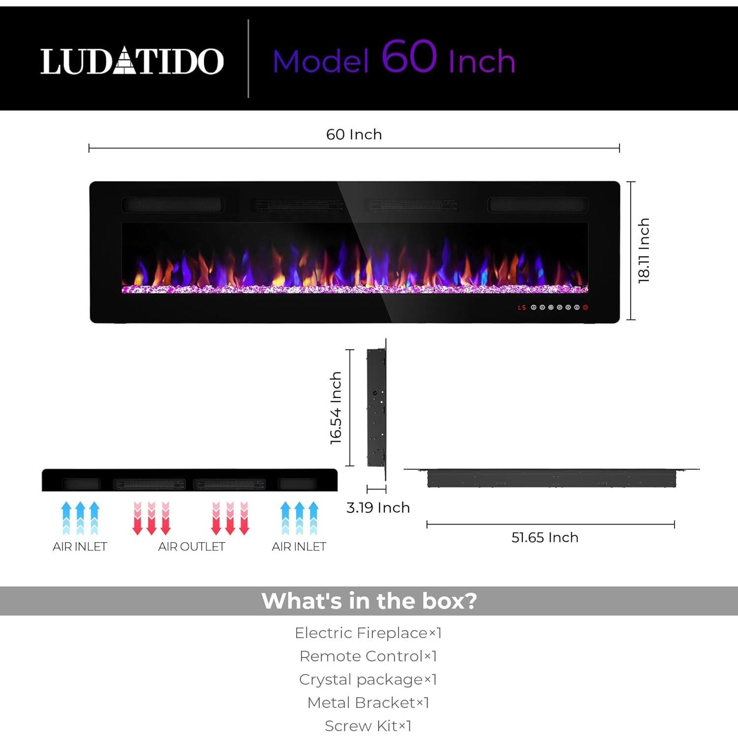Chimenea Eléctrica Ludatido 60" Ultra Delgada 1500W