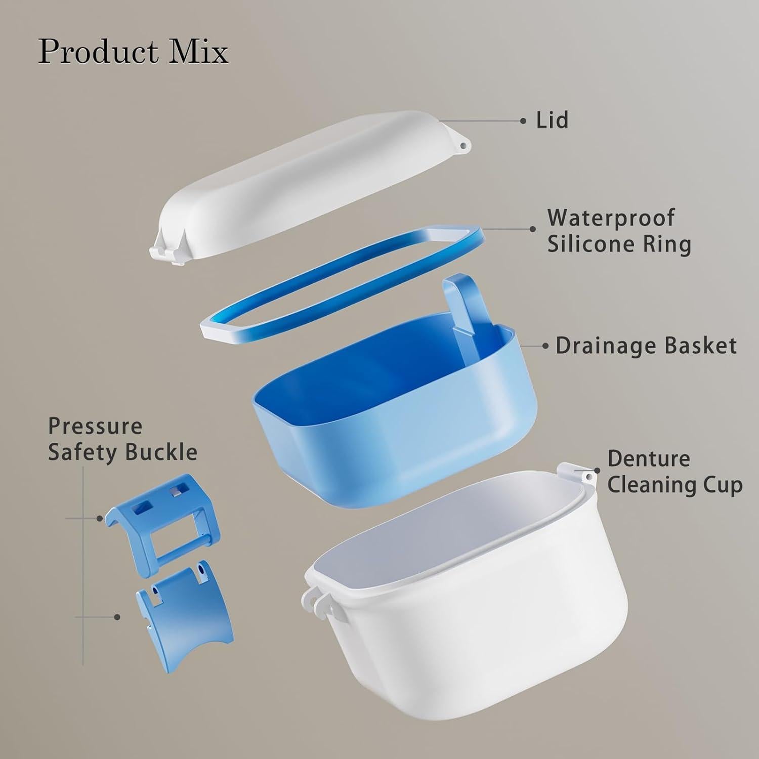 Estuche para Dentaduras BVN Azul y Blanco a Prueba de Fugas