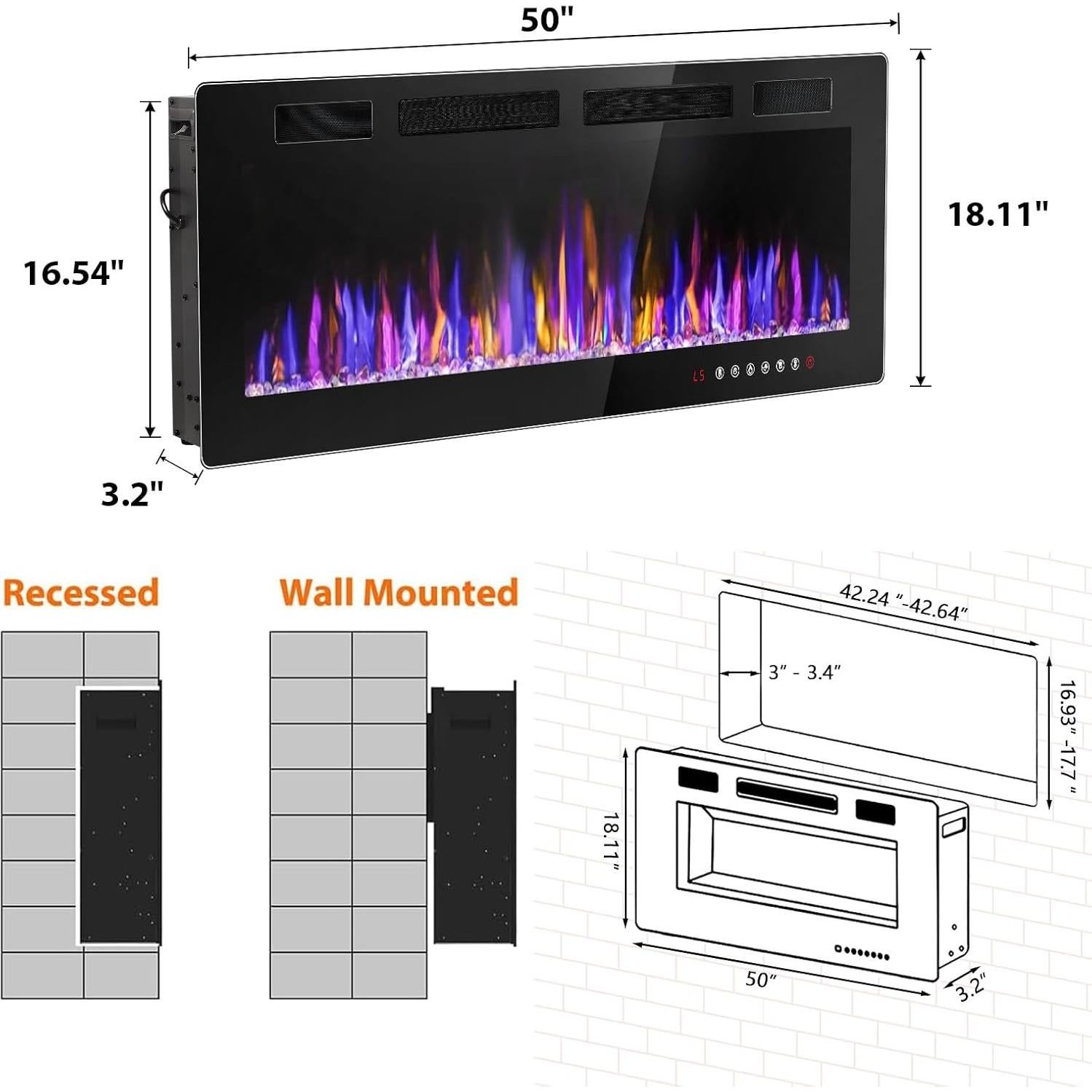 Chimenea Eléctrica VENDORZ 50" Montaje Pared Control Remoto