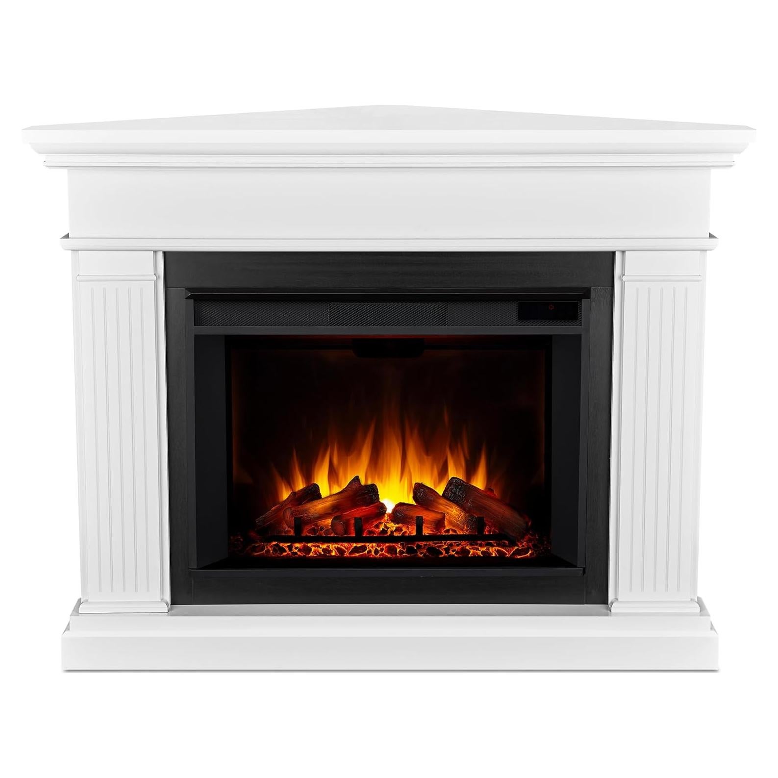 Real Flame Kennedy Grand Corner Electric Fireplace with Mantel for Living Room or Bedroom, Replaceable Fireplace Insert Heater, Realistic Log and Flame Effect, Remote Control, Timer, White