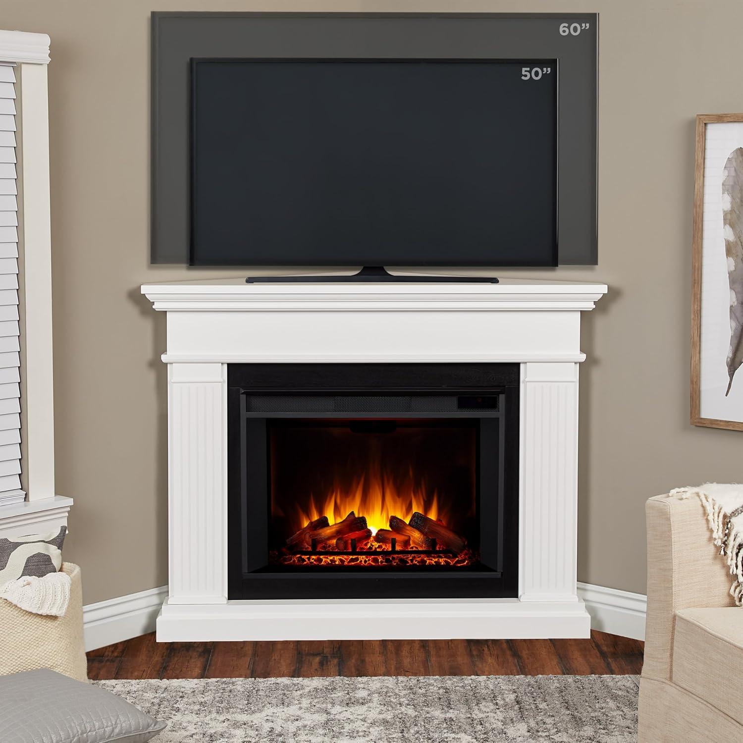 Real Flame Kennedy Grand Corner Electric Fireplace with Mantel for Living Room or Bedroom, Replaceable Fireplace Insert Heater, Realistic Log and Flame Effect, Remote Control, Timer, White