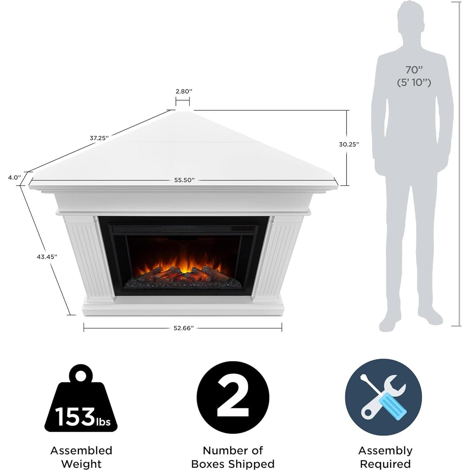 Real Flame Kennedy Grand Corner Electric Fireplace with Mantel for Living Room or Bedroom, Replaceable Fireplace Insert Heater, Realistic Log and Flame Effect, Remote Control, Timer, White