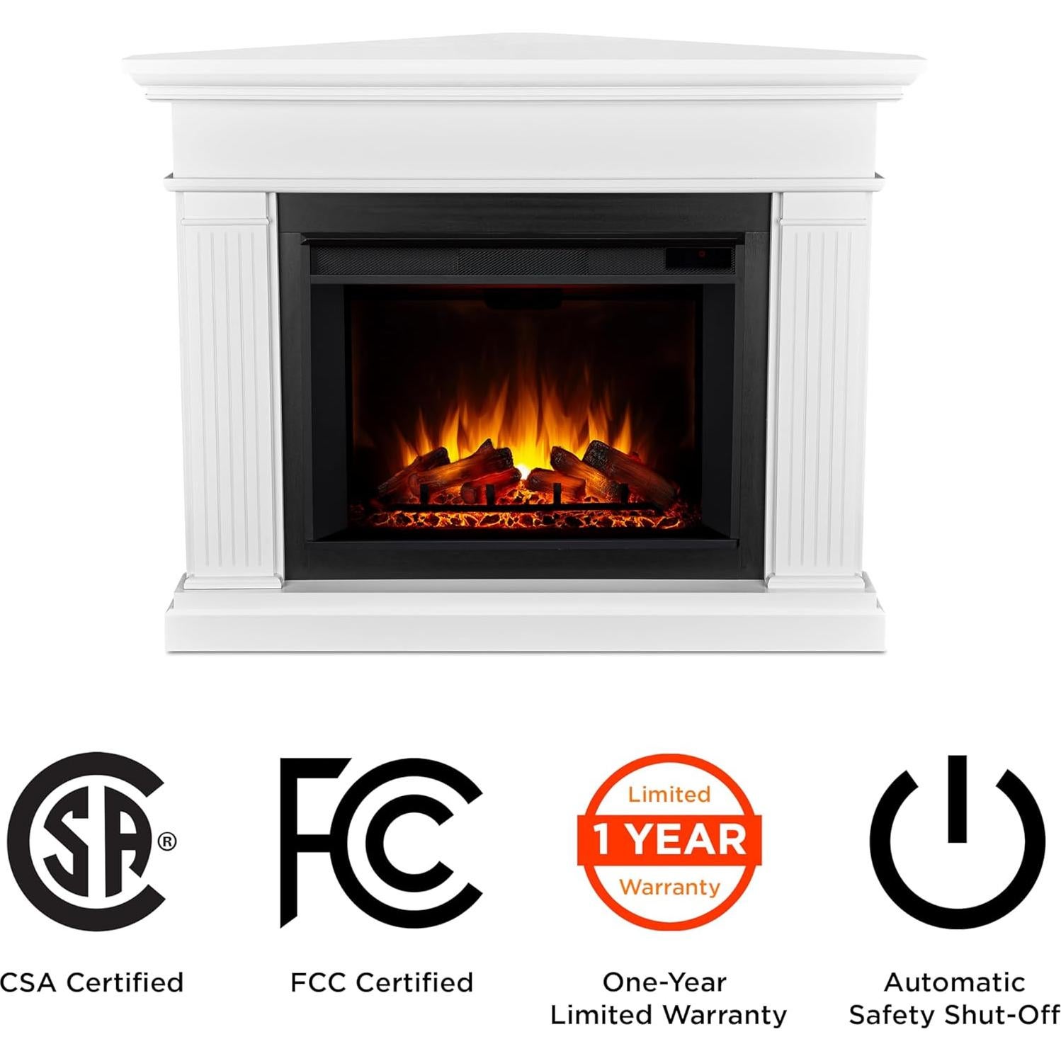 Real Flame Kennedy Grand Corner Electric Fireplace with Mantel for Living Room or Bedroom, Replaceable Fireplace Insert Heater, Realistic Log and Flame Effect, Remote Control, Timer, White
