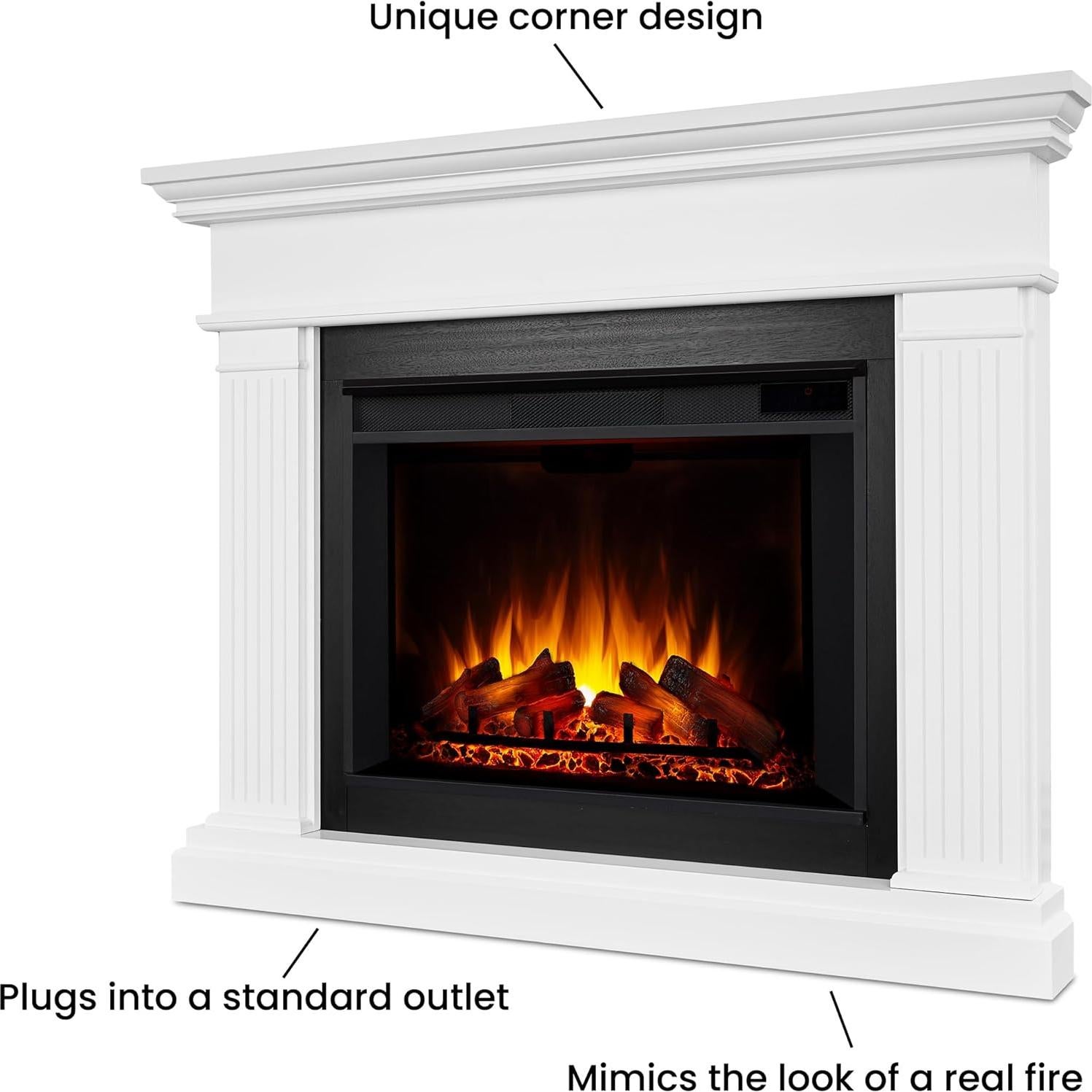 Real Flame Kennedy Grand Corner Electric Fireplace with Mantel for Living Room or Bedroom, Replaceable Fireplace Insert Heater, Realistic Log and Flame Effect, Remote Control, Timer, White